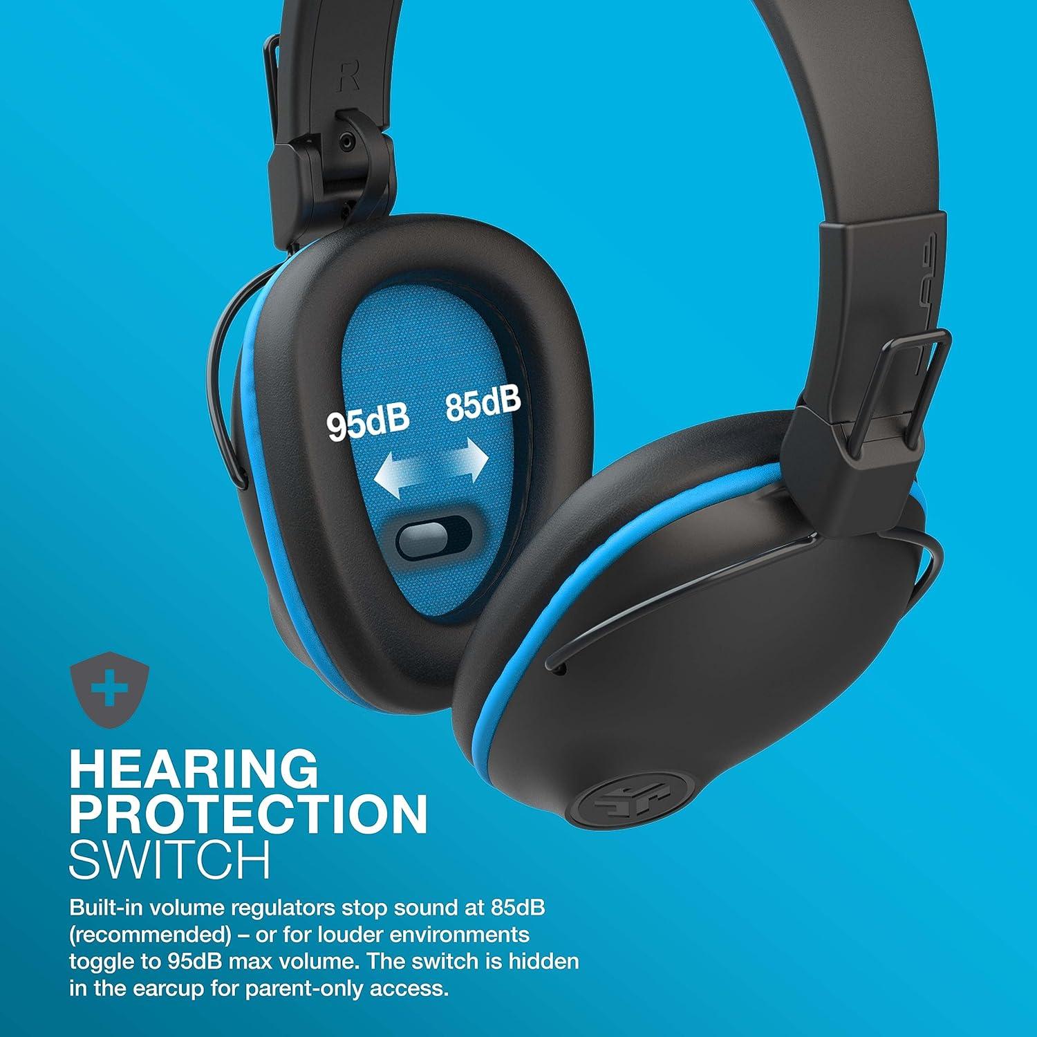 imageJLab JBuddies Pro Wireless OverEar Kids Headphones 35 Hour Battery Life Builtin Volume Regulators for Safety Share Mode Folding Adjustable Noise Isolation with Mic BlueBlue