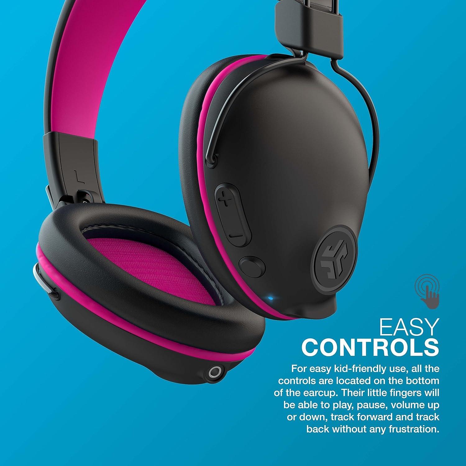 imageJLab JBuddies Pro Wireless OverEar Kids Headphones 35 Hour Battery Life Builtin Volume Regulators for Safety Share Mode Folding Adjustable Noise Isolation with Mic BluePink