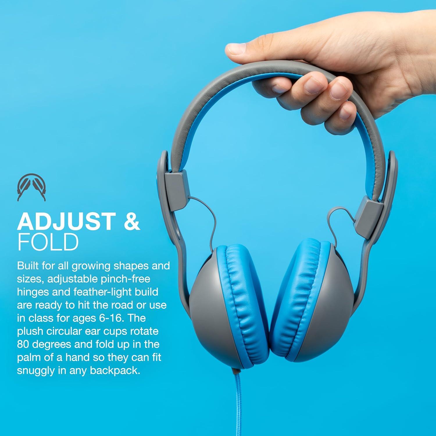 imageJLab JBuddies Studio 2 OnEar Kids Wired Headphones GreyBlue Toddler Headphones Kid Safe Studio Volume Safe Volume Limiter Folding Adjustable Noise Isolation with Mic