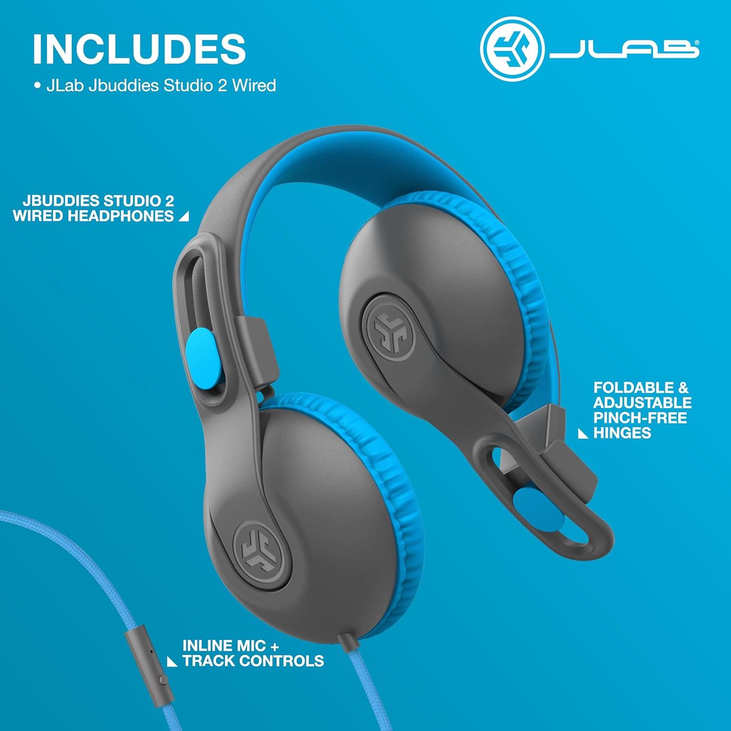 imageJLab JBuddies Studio 2 OnEar Kids Wired Headphones GreyBlue Toddler Headphones Kid Safe Studio Volume Safe Volume Limiter Folding Adjustable Noise Isolation with Mic