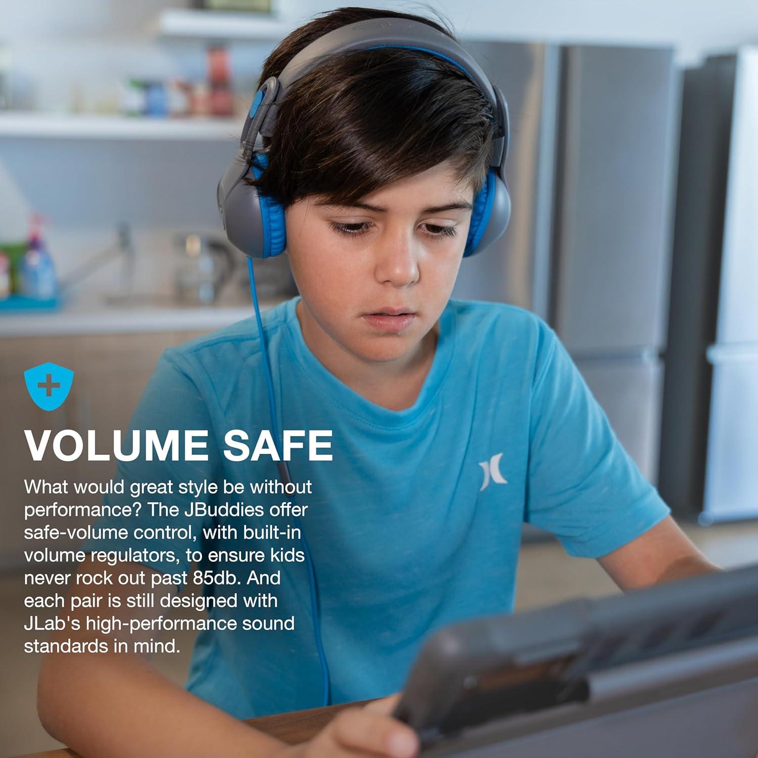 imageJLab JBuddies Studio 2 OnEar Kids Wired Headphones GreyBlue Toddler Headphones Kid Safe Studio Volume Safe Volume Limiter Folding Adjustable Noise Isolation with Mic