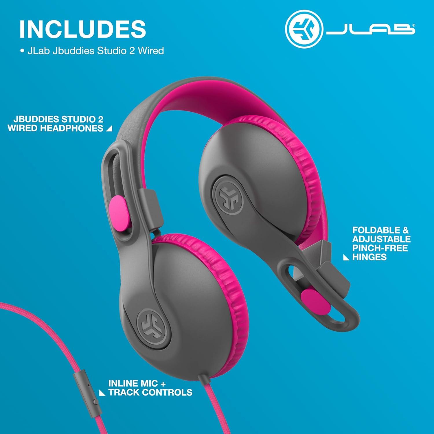 imageJLab JBuddies Studio 2 OnEar Kids Wired Headphones GreyPink Toddler Headphones Kid Safe Studio Volume Safe Volume Limiter Folding Adjustable Noise Isolation with Mic