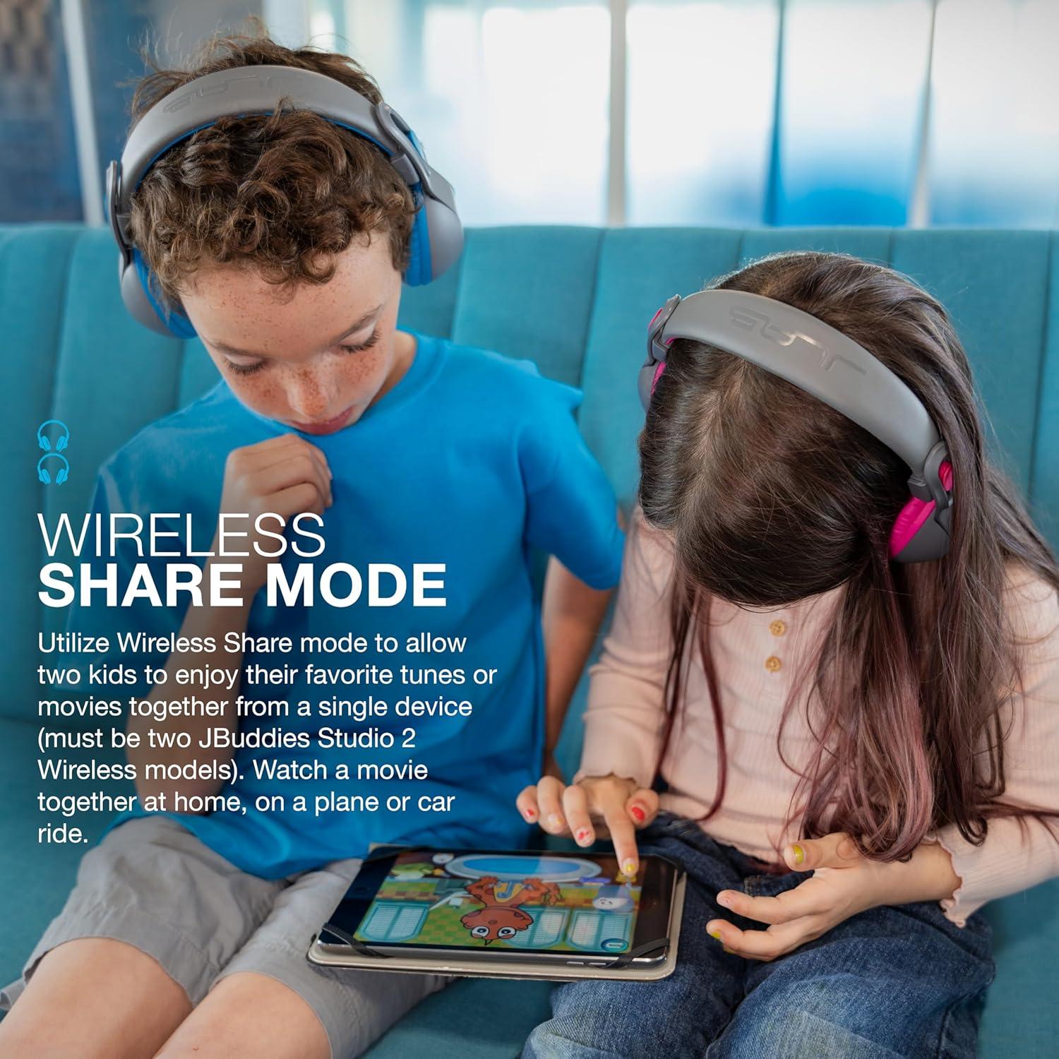 imageJLab JBuddies Studio 2 Wireless Wired OnEar Kids Headphones GreyBlue 65 Hour Battery Life Share Mode Volume Safe Volume Limiter Folding Adjustable Noise Isolation with Mic