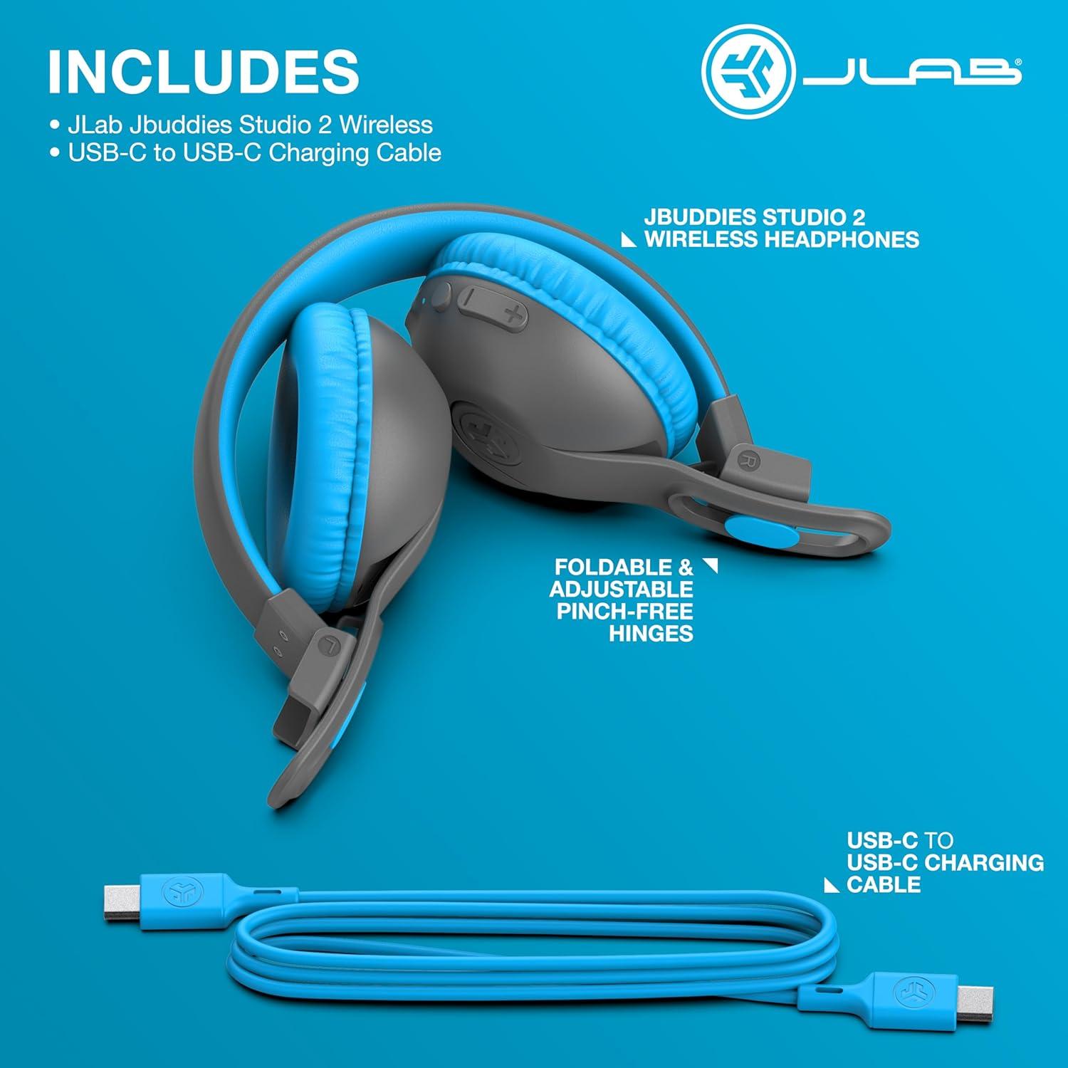imageJLab JBuddies Studio 2 Wireless Wired OnEar Kids Headphones GreyBlue 65 Hour Battery Life Share Mode Volume Safe Volume Limiter Folding Adjustable Noise Isolation with Mic