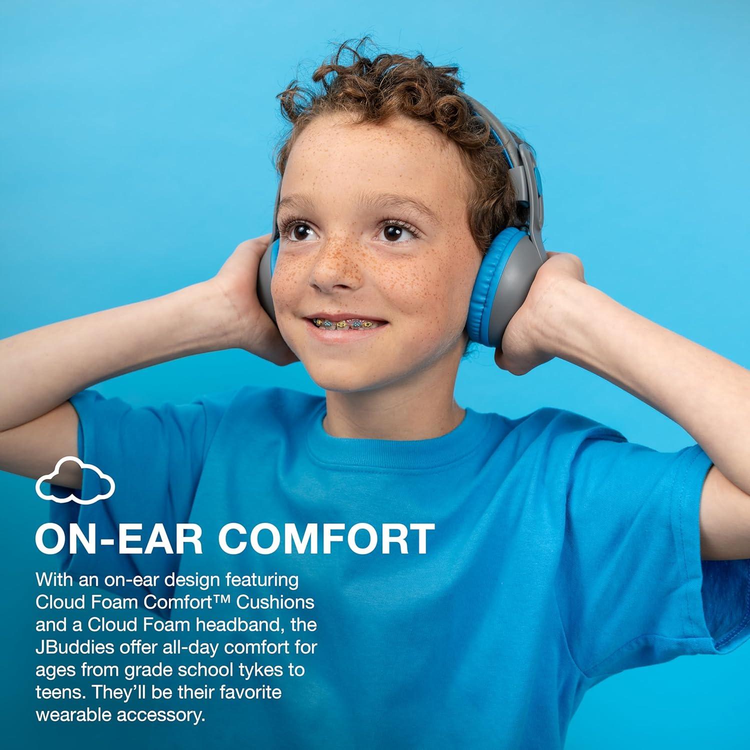 imageJLab JBuddies Studio 2 Wireless Wired OnEar Kids Headphones GreyBlue 65 Hour Battery Life Share Mode Volume Safe Volume Limiter Folding Adjustable Noise Isolation with Mic