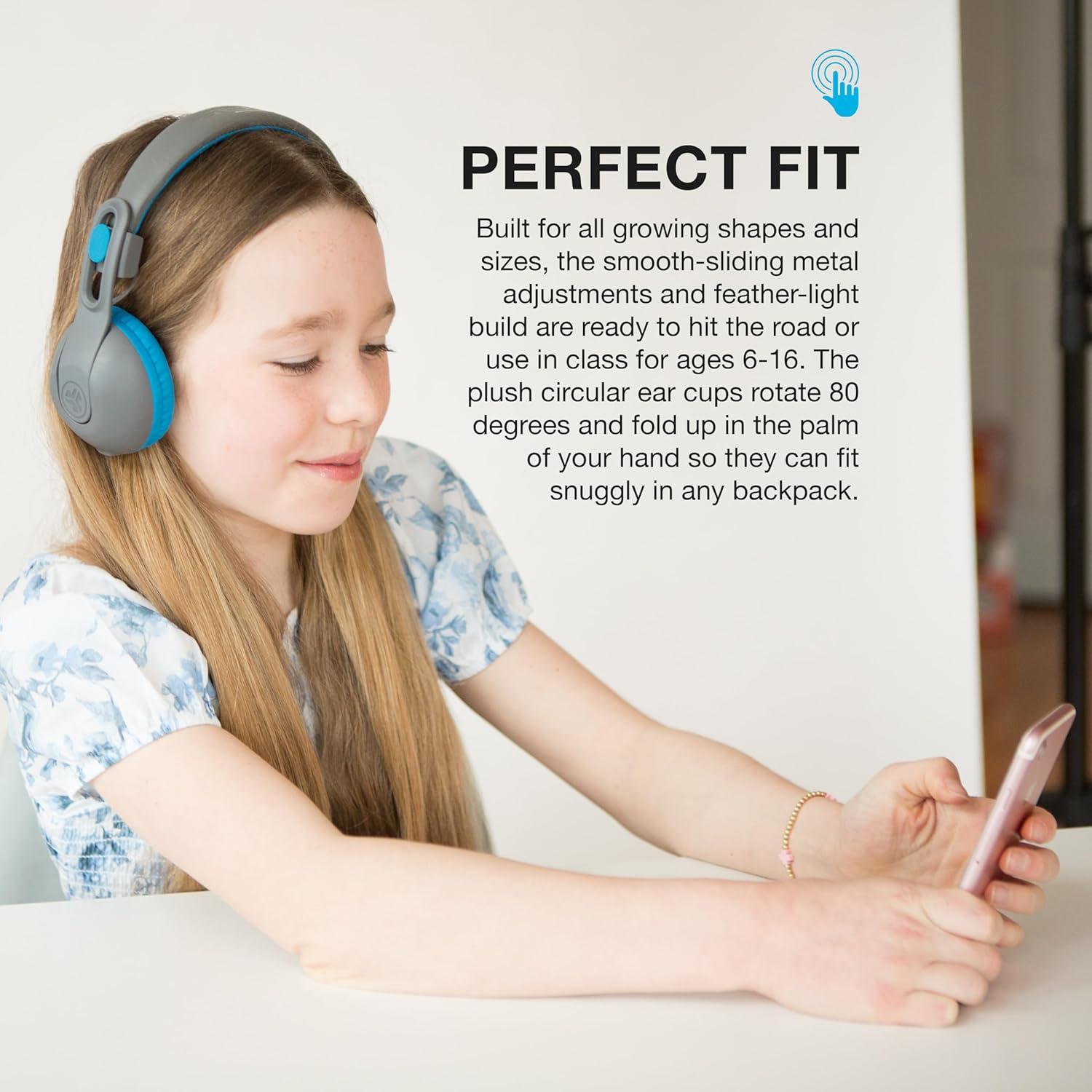 imageJLab JBuddies Studio 2 Wireless Wired OnEar Kids Headphones GreyBlue 65 Hour Battery Life Share Mode Volume Safe Volume Limiter Folding Adjustable Noise Isolation with Mic
