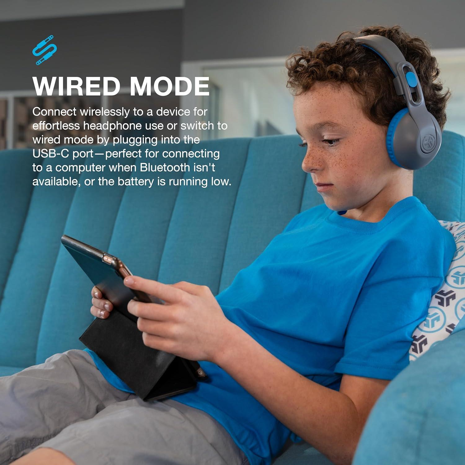 imageJLab JBuddies Studio 2 Wireless Wired OnEar Kids Headphones GreyBlue 65 Hour Battery Life Share Mode Volume Safe Volume Limiter Folding Adjustable Noise Isolation with Mic