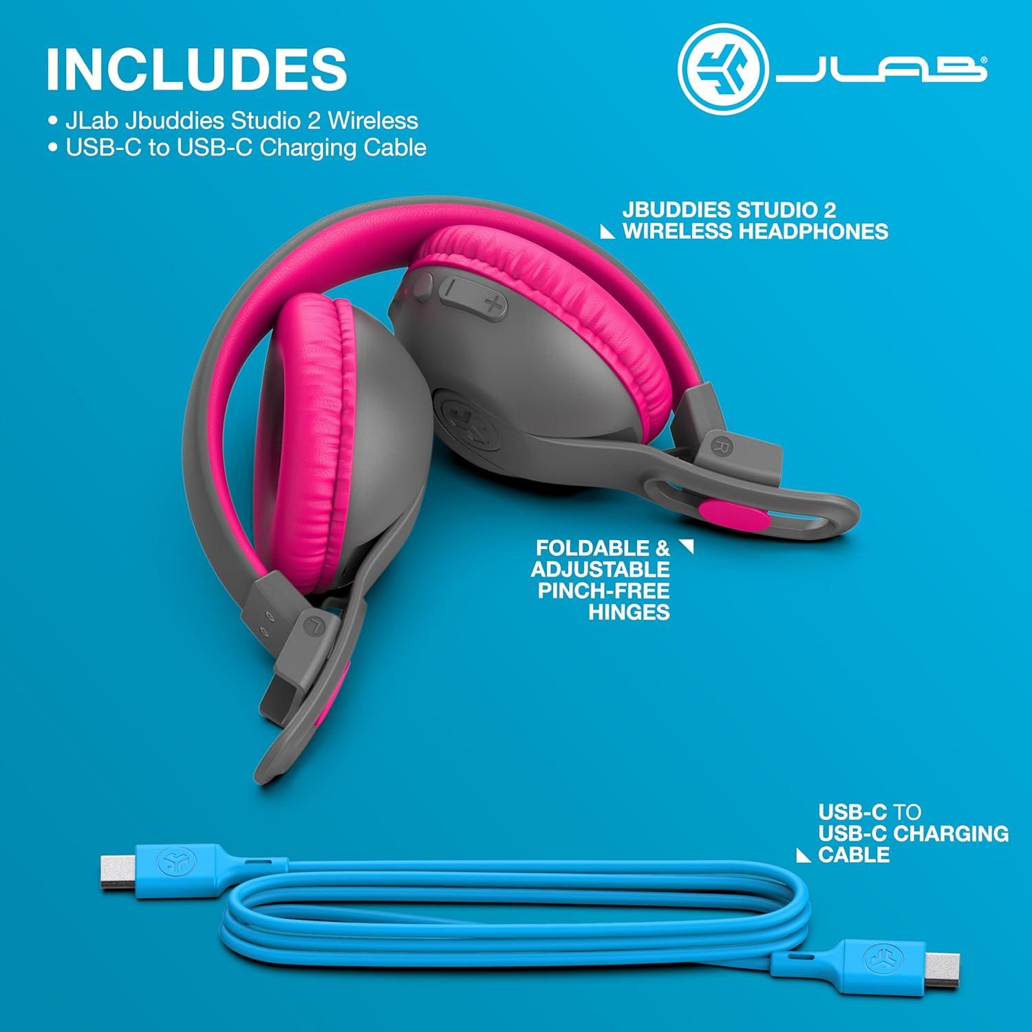 imageJLab JBuddies Studio 2 Wireless Wired OnEar Kids Headphones GreyPink 65 Hour Battery Life Volume Safe Volume Limiter Folding Adjustable Noise Isolation with Mic