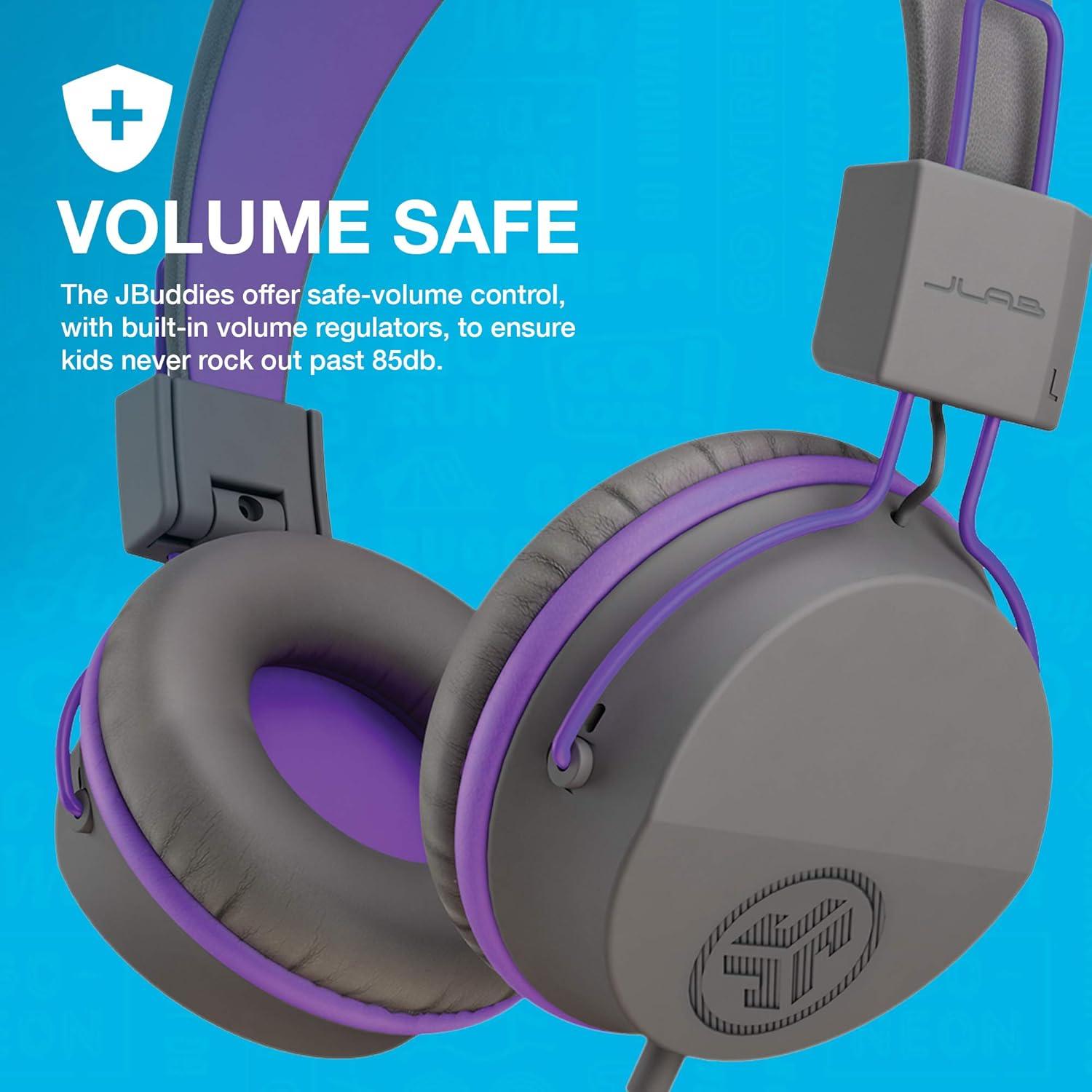 imageJLab JBuddies Studio OnEar Kids Wired Headphones GraphitePurple Toddler Headphones Kid Safe Studio Volume Safe Volume Limiter Folding Adjustable Noise Isolation with MicGraphite  Purple