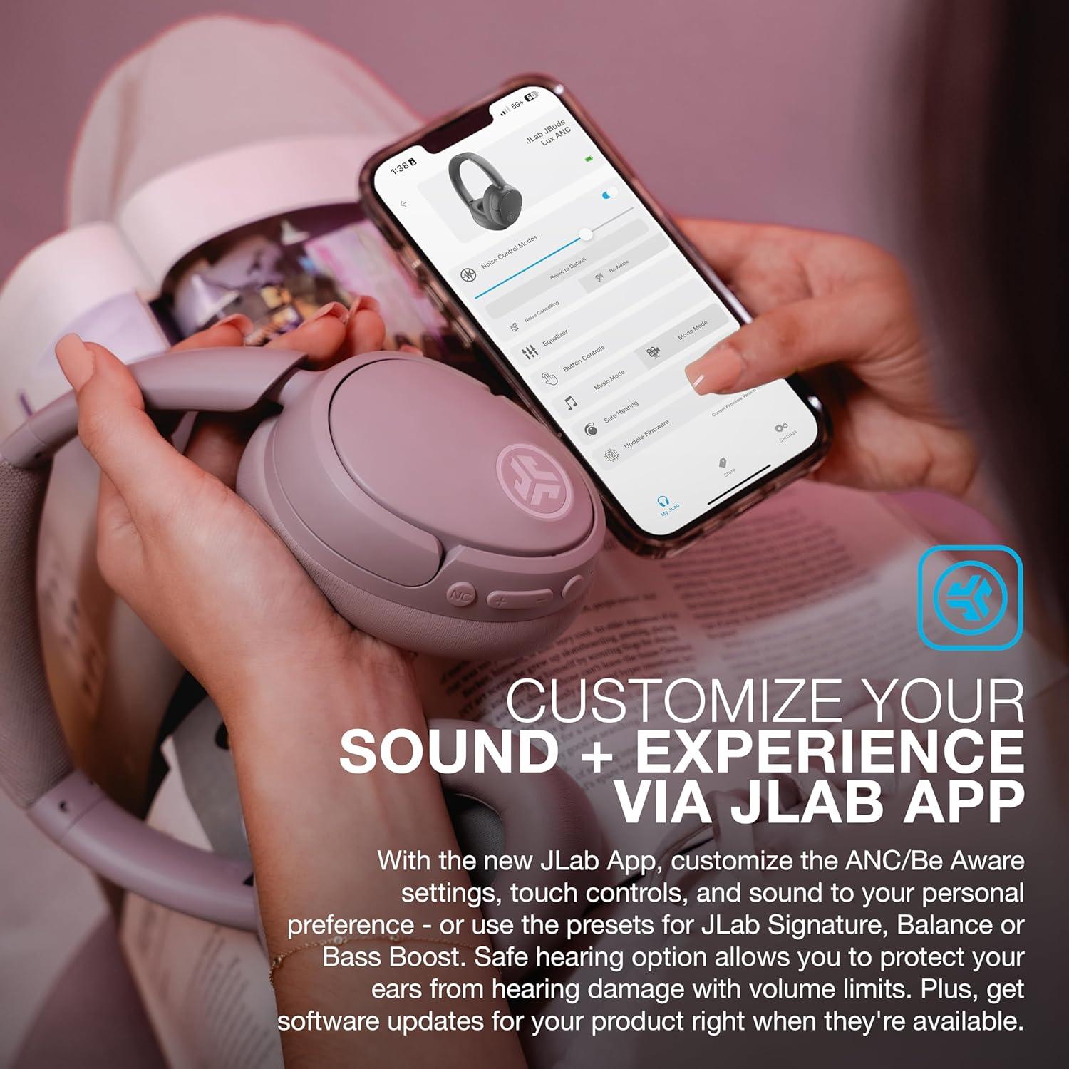 imageJLab JBuds Lux ANC Wireless Headphones Mauve Hybrid Active Noise Cancelling Customizable Sound Spatial Audio Compatible Premium OverEar Bluetooth HeadsetMauve