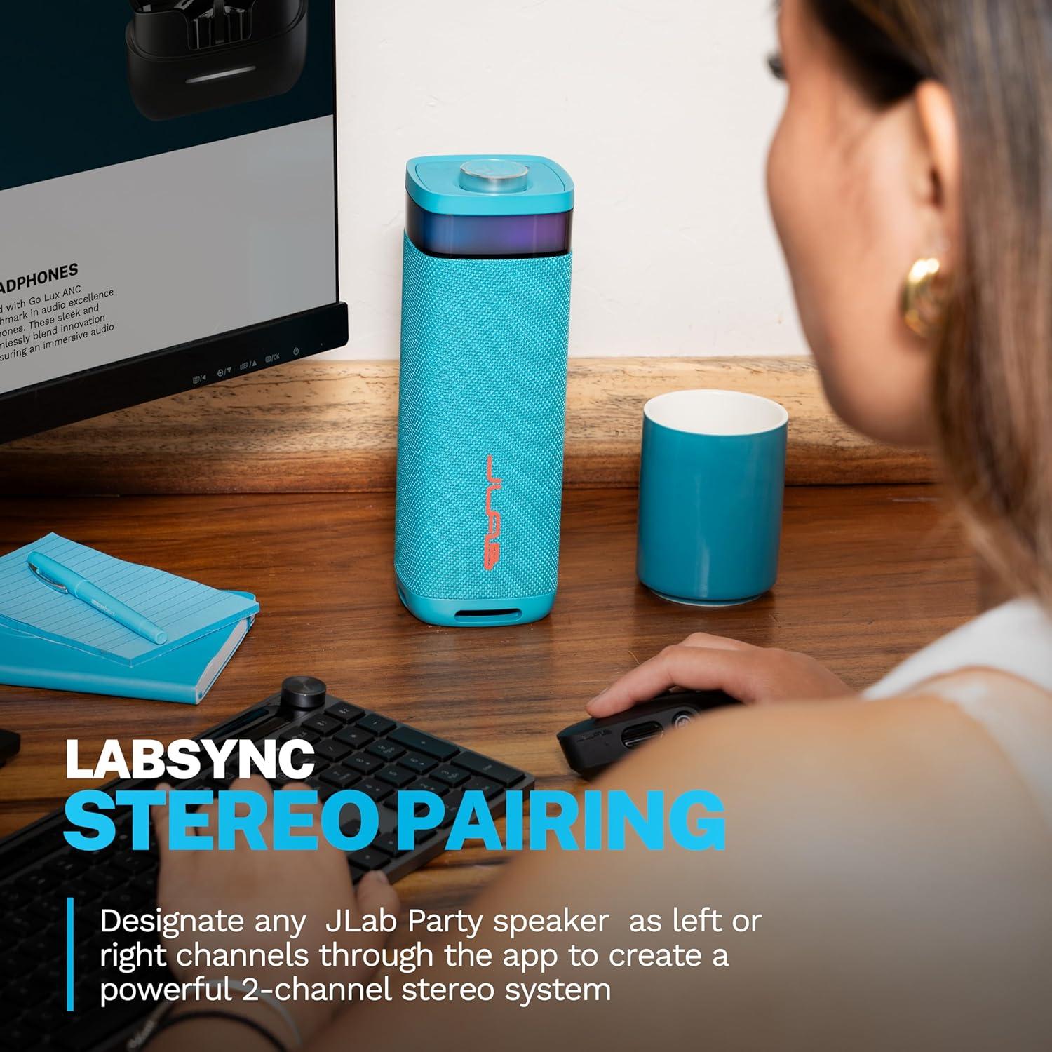 imageJLab JBuds Party Portable Bluetooth Speaker 2 FullRange Drivers  2 Passive Woofers IP56 Waterproof 12 Hours Playtime Connect Multiple Speakers Custom Sound  RGB Lighting via App BlackCyan
