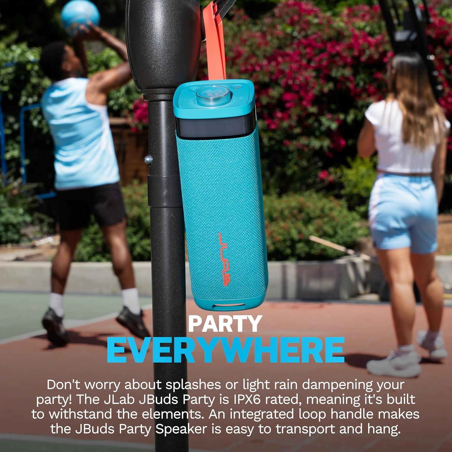 imageJLab JBuds Party Portable Bluetooth Speaker 2 FullRange Drivers  2 Passive Woofers IP56 Waterproof 12 Hours Playtime Connect Multiple Speakers Custom Sound  RGB Lighting via App BlackCyan