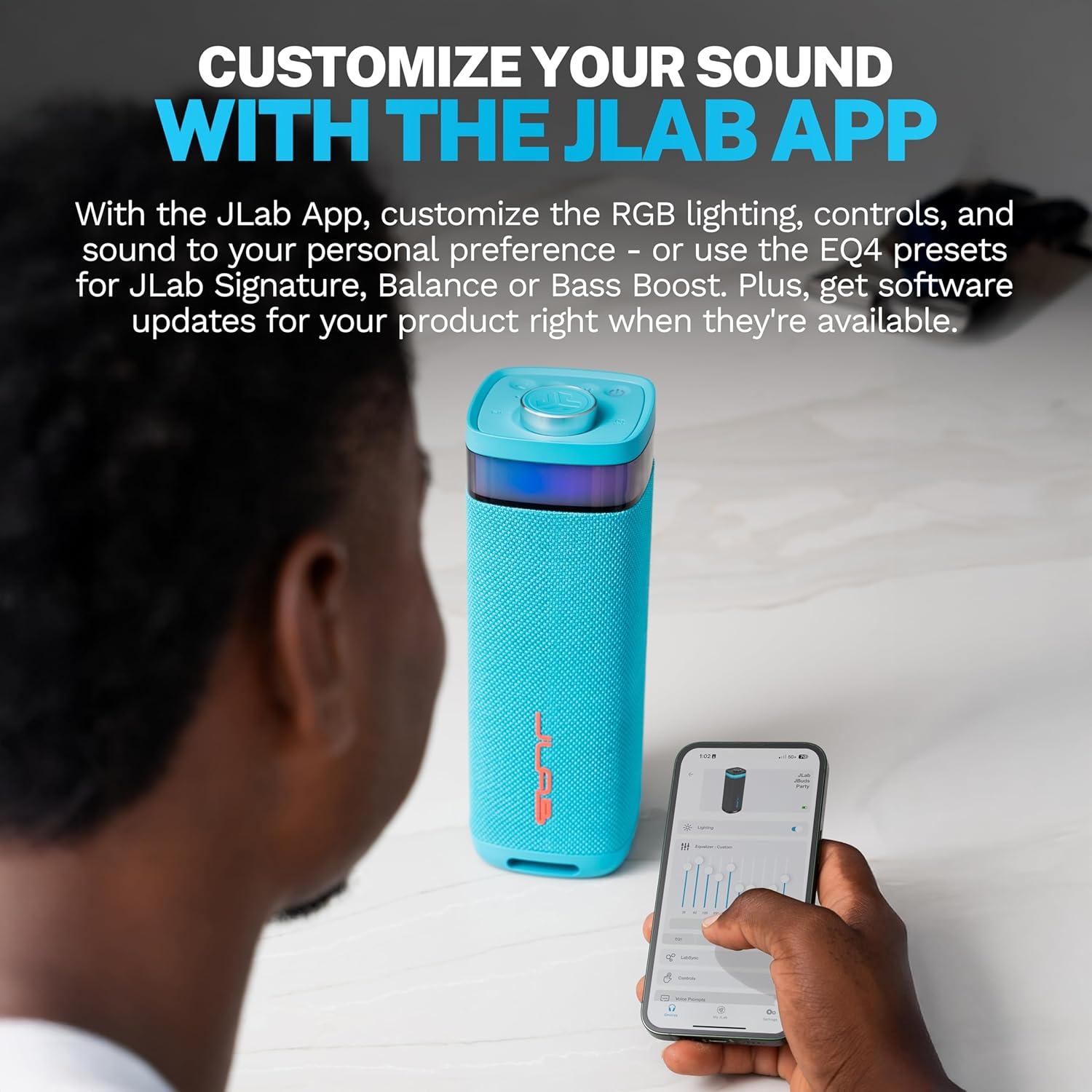 imageJLab JBuds Party Portable Bluetooth Speaker 2 FullRange Drivers  2 Passive Woofers IP56 Waterproof 12 Hours Playtime Connect Multiple Speakers Custom Sound  RGB Lighting via App BlackCyan