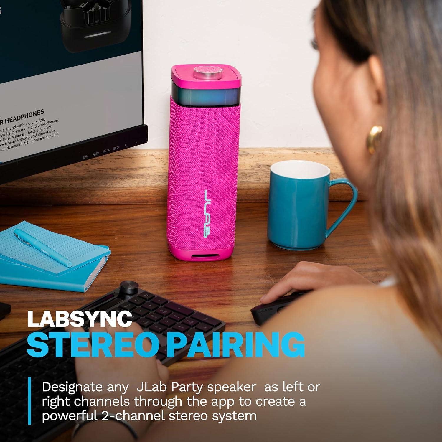 imageJLab JBuds Party Portable Bluetooth Speaker 2 FullRange Drivers  2 Passive Woofers IP56 Waterproof 12 Hours Playtime Connect Multiple Speakers Custom Sound  RGB Lighting via App BlackPink