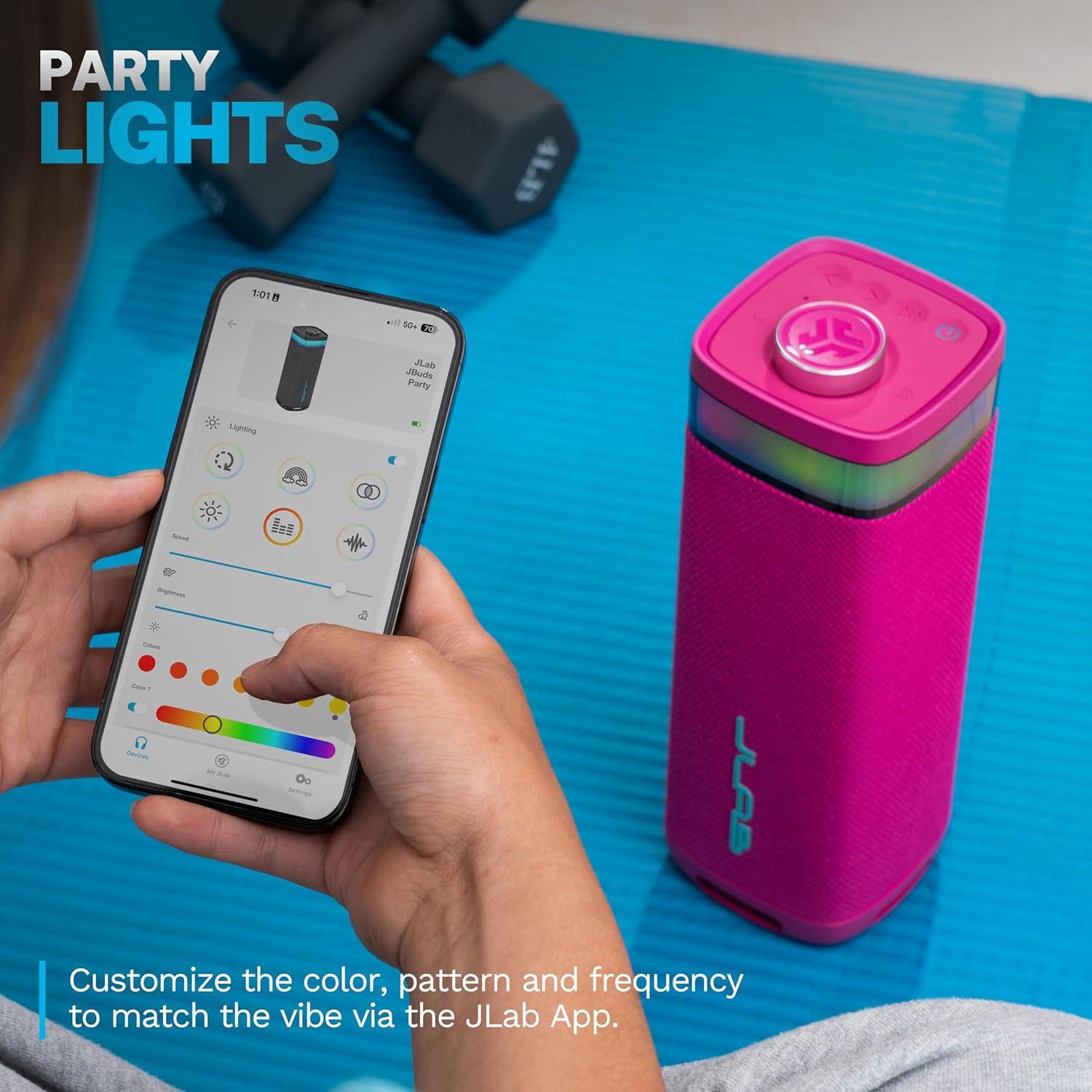 imageJLab JBuds Party Portable Bluetooth Speaker 2 FullRange Drivers  2 Passive Woofers IP56 Waterproof 12 Hours Playtime Connect Multiple Speakers Custom Sound  RGB Lighting via App BlackPink
