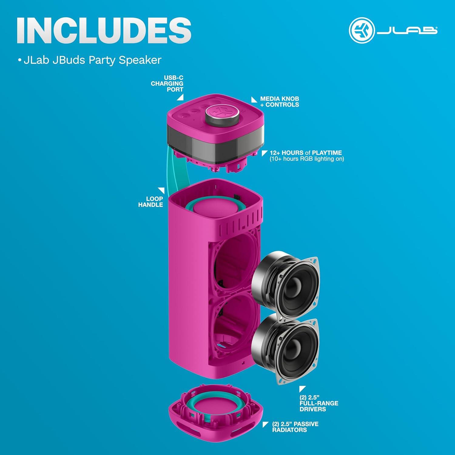 imageJLab JBuds Party Portable Bluetooth Speaker 2 FullRange Drivers  2 Passive Woofers IP56 Waterproof 12 Hours Playtime Connect Multiple Speakers Custom Sound  RGB Lighting via App BlackPink
