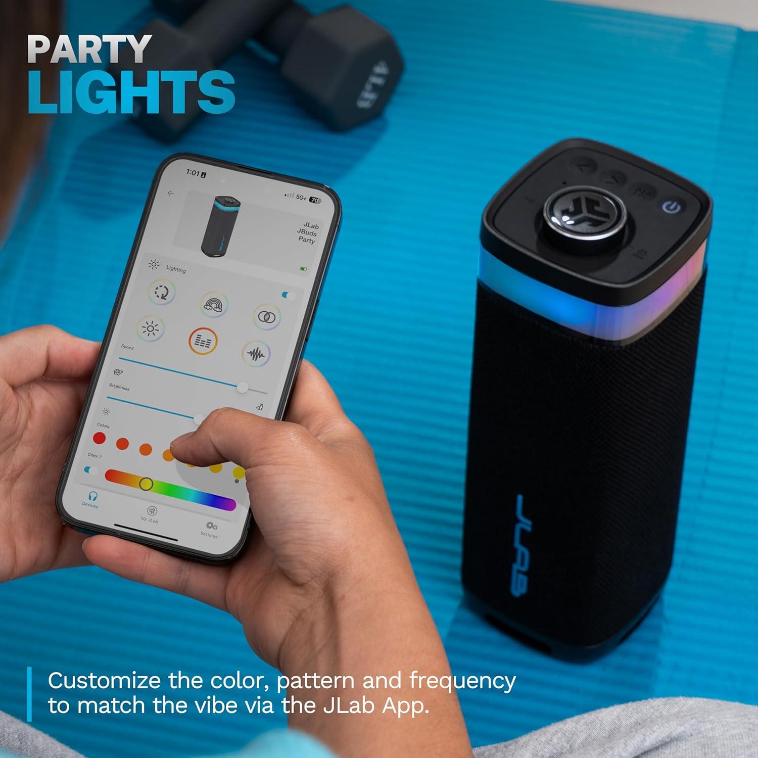 imageJLab JBuds Party Portable Bluetooth Speaker 2 FullRange Drivers  2 Passive Woofers IP56 Waterproof 12 Hours Playtime Connect Multiple Speakers Custom Sound  RGB Lighting via App BlackBlack