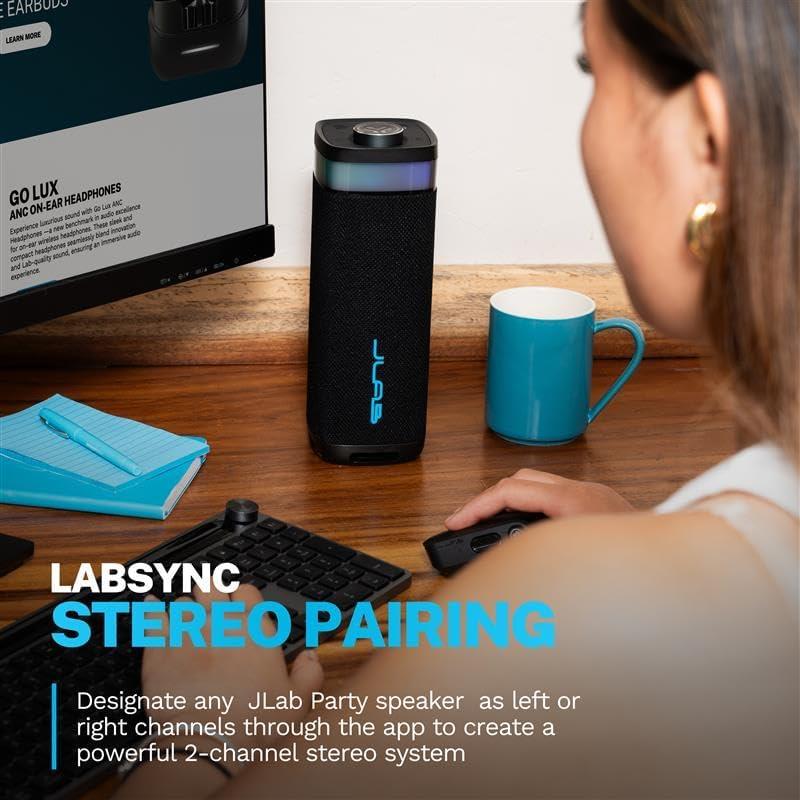 imageJLab JBuds Party Portable Bluetooth Speaker 2 FullRange Drivers  2 Passive Woofers IP56 Waterproof 12 Hours Playtime Connect Multiple Speakers Custom Sound  RGB Lighting via App BlackBlack