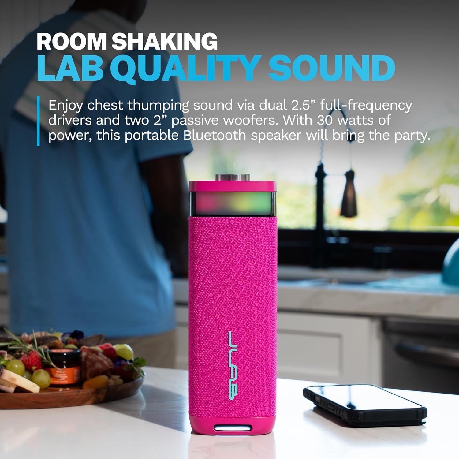 imageJLab JBuds Party Portable Bluetooth Speaker 2 FullRange Drivers  2 Passive Woofers IP56 Waterproof 12 Hours Playtime Connect Multiple Speakers Custom Sound  RGB Lighting via App BlackPink