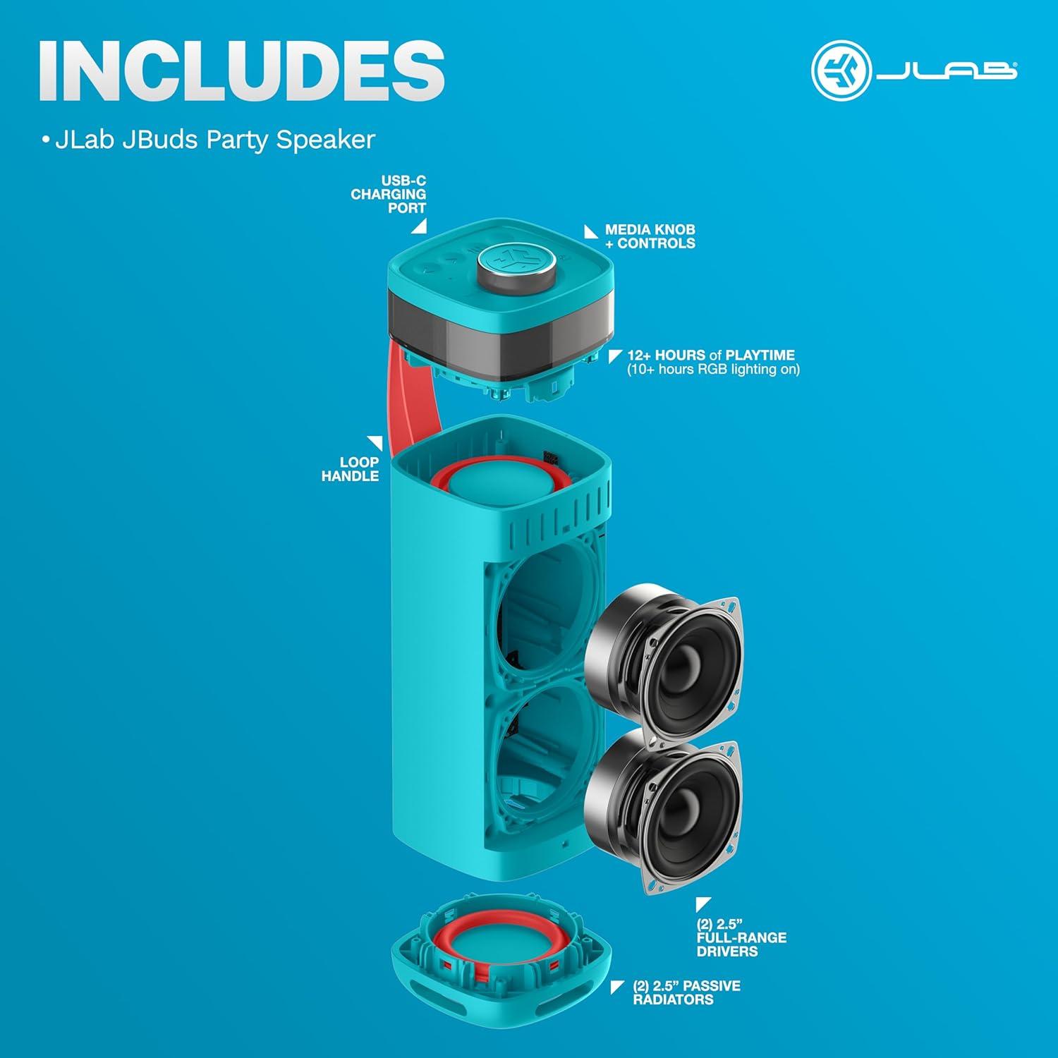 imageJLab JBuds Party Portable Bluetooth Speaker 2 FullRange Drivers  2 Passive Woofers IP56 Waterproof 12 Hours Playtime Connect Multiple Speakers Custom Sound  RGB Lighting via App BlackCyan