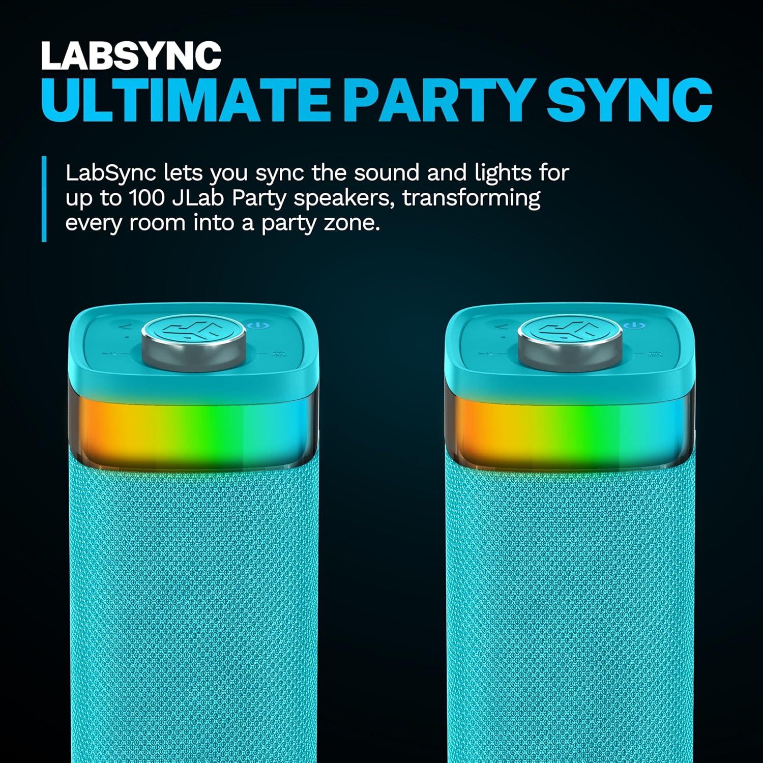 imageJLab JBuds Party Portable Bluetooth Speaker 2 FullRange Drivers  2 Passive Woofers IP56 Waterproof 12 Hours Playtime Connect Multiple Speakers Custom Sound  RGB Lighting via App BlackCyan