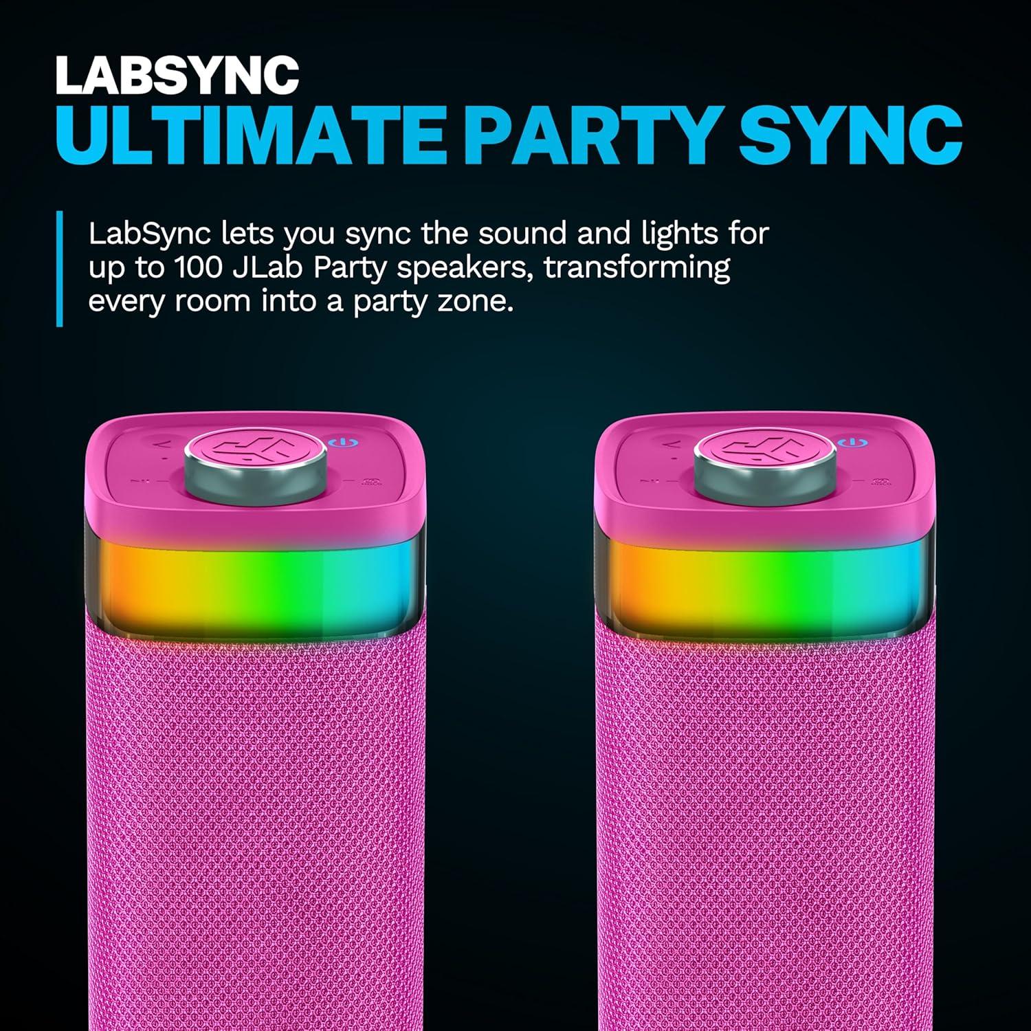 imageJLab JBuds Party Portable Bluetooth Speaker 2 FullRange Drivers  2 Passive Woofers IP56 Waterproof 12 Hours Playtime Connect Multiple Speakers Custom Sound  RGB Lighting via App BlackPink