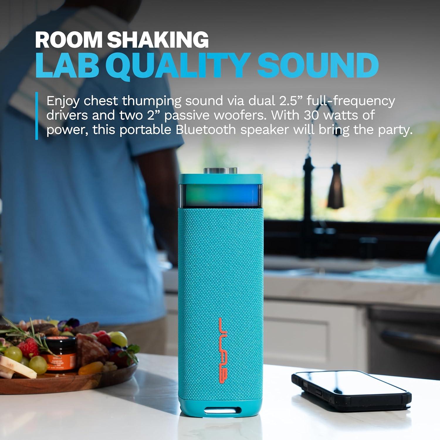 imageJLab JBuds Party Portable Bluetooth Speaker 2 FullRange Drivers  2 Passive Woofers IP56 Waterproof 12 Hours Playtime Connect Multiple Speakers Custom Sound  RGB Lighting via App BlackCyan