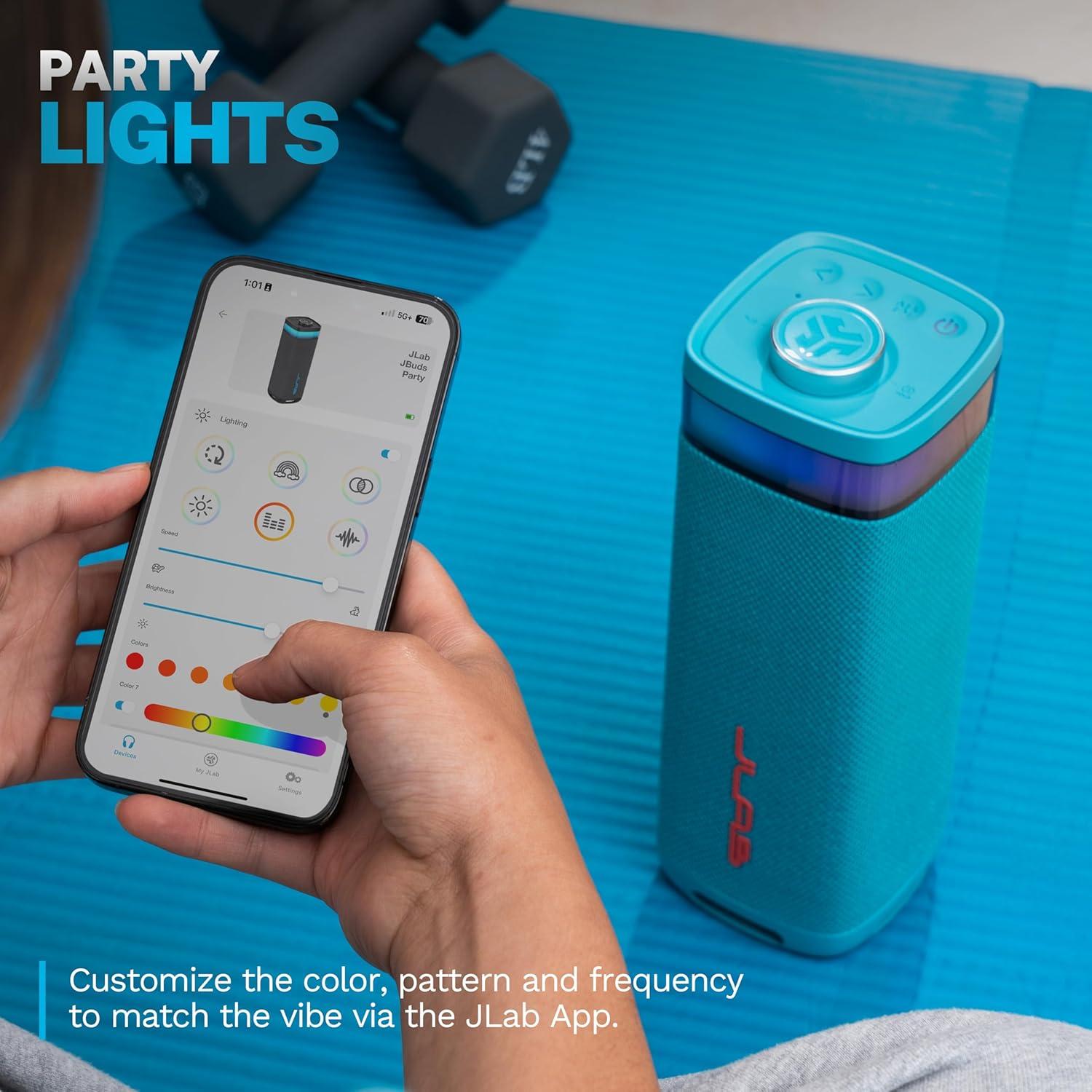imageJLab JBuds Party Portable Bluetooth Speaker 2 FullRange Drivers  2 Passive Woofers IP56 Waterproof 12 Hours Playtime Connect Multiple Speakers Custom Sound  RGB Lighting via App BlackCyan