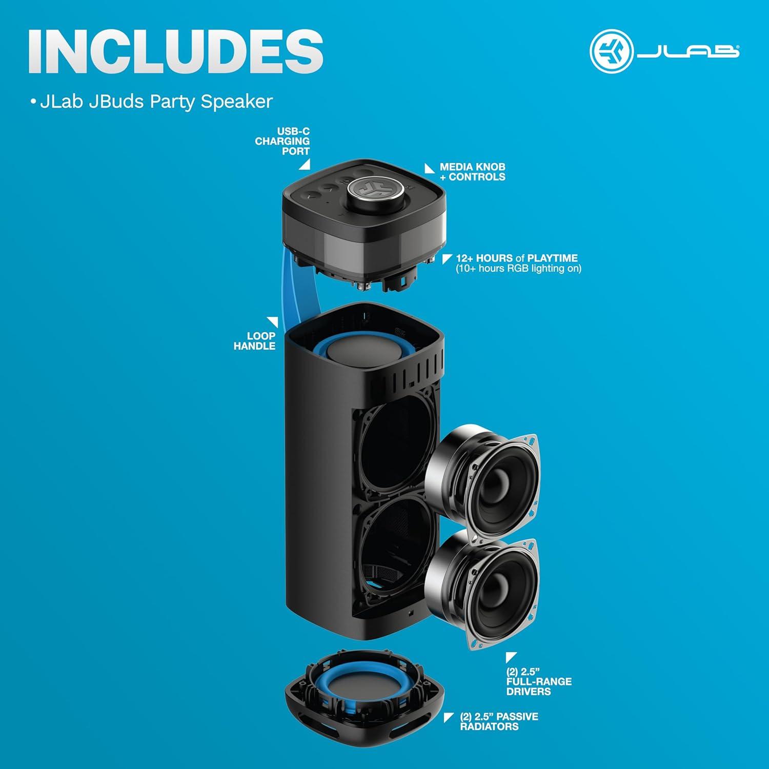 imageJLab JBuds Party Portable Bluetooth Speaker 2 FullRange Drivers  2 Passive Woofers IP56 Waterproof 12 Hours Playtime Connect Multiple Speakers Custom Sound  RGB Lighting via App BlackBlack