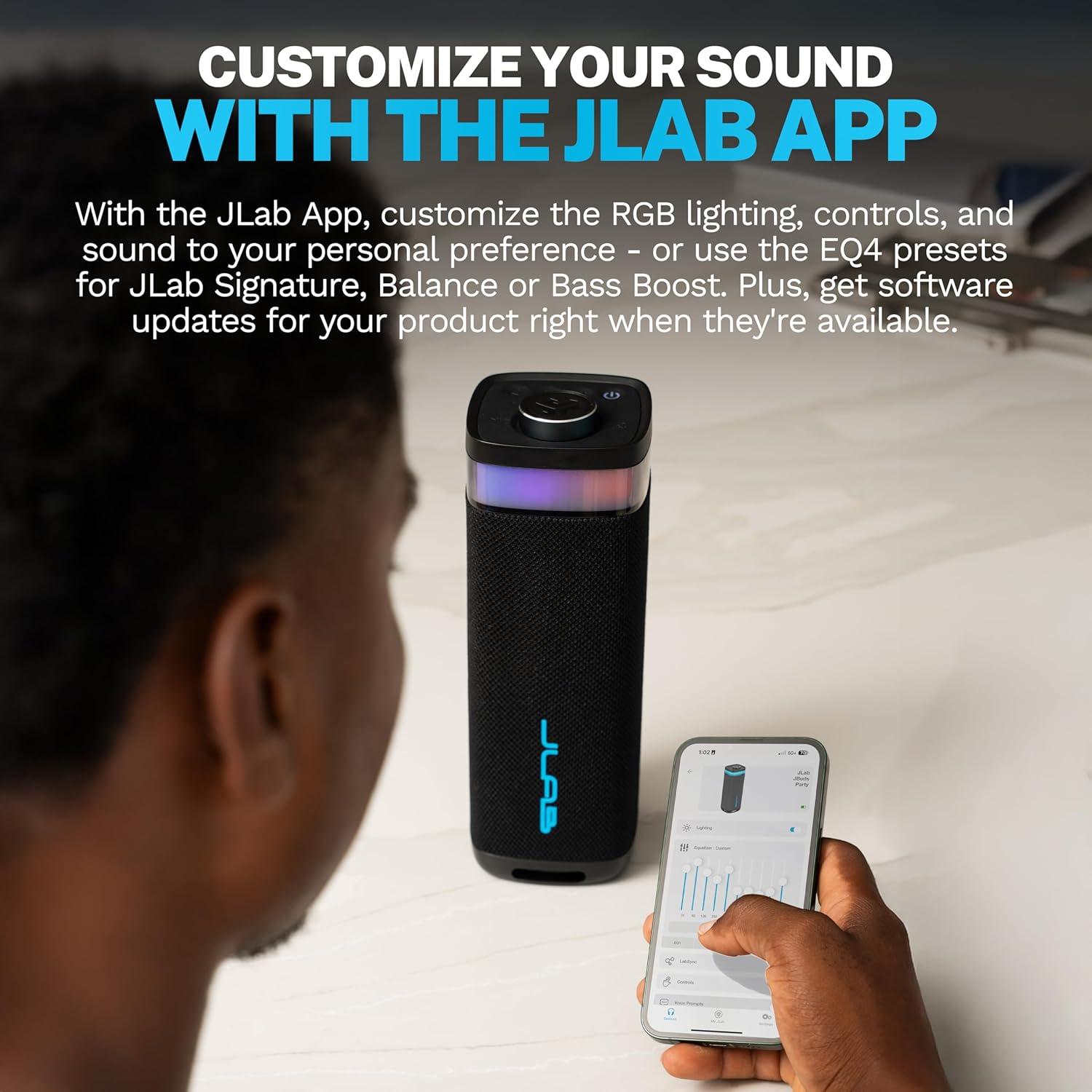 imageJLab JBuds Party Portable Bluetooth Speaker 2 FullRange Drivers  2 Passive Woofers IP56 Waterproof 12 Hours Playtime Connect Multiple Speakers Custom Sound  RGB Lighting via App BlackBlack