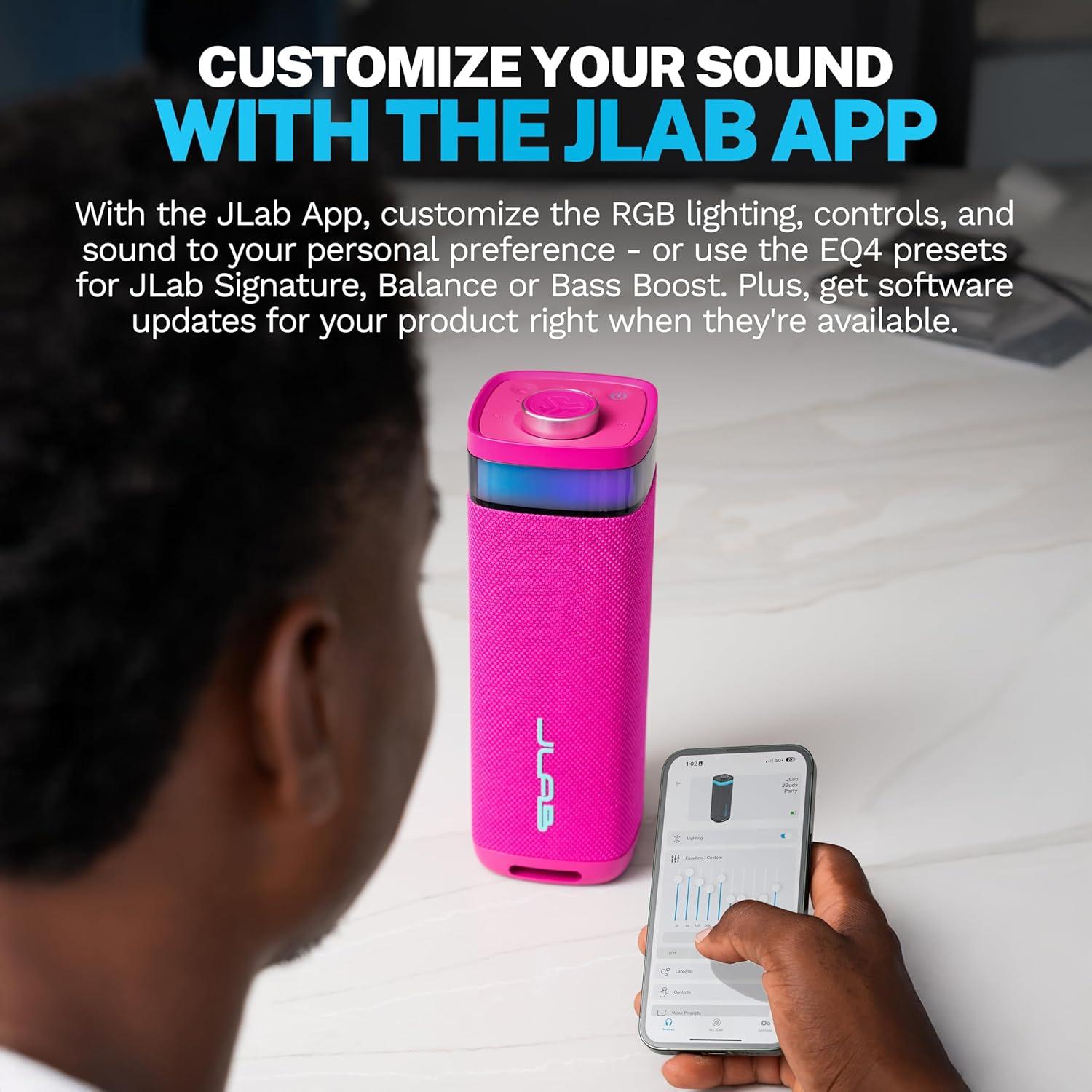 imageJLab JBuds Party Portable Bluetooth Speaker 2 FullRange Drivers  2 Passive Woofers IP56 Waterproof 12 Hours Playtime Connect Multiple Speakers Custom Sound  RGB Lighting via App BlackPink