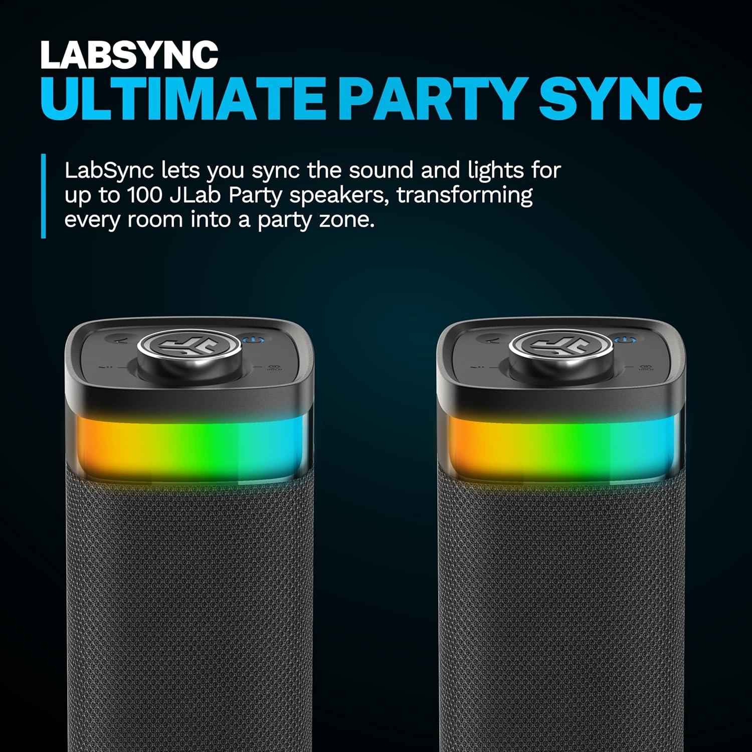 imageJLab JBuds Party Portable Bluetooth Speaker 2 FullRange Drivers  2 Passive Woofers IP56 Waterproof 12 Hours Playtime Connect Multiple Speakers Custom Sound  RGB Lighting via App BlackBlack