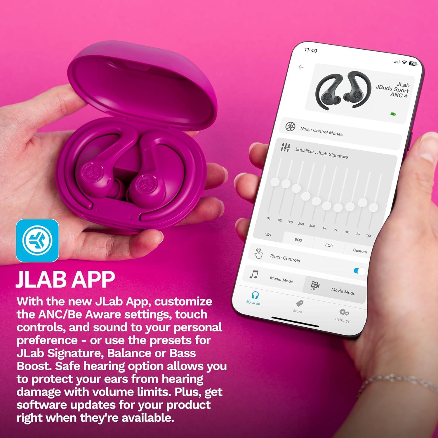 imageJLab JBuds Sport ANC 4 True Wireless Bluetooth Earbuds  Charging Case Graphite Swipe  Touch Controls Hybrid Active Noise Cancelation Multipoint Connect Customized Settings AppPink