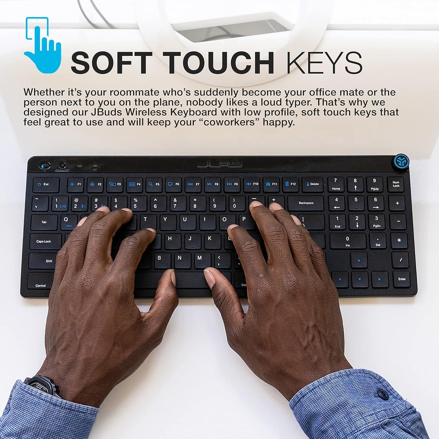 imageJLab JBuds Wireless Keyboard Black 95 Keys Connect Via Bluetooth or USB Wireless Dongle MultiDevice Toggle Soft Touch Keys Smart Media Knob Custom User Profiles Rechargeable 1 Pack1 Pack