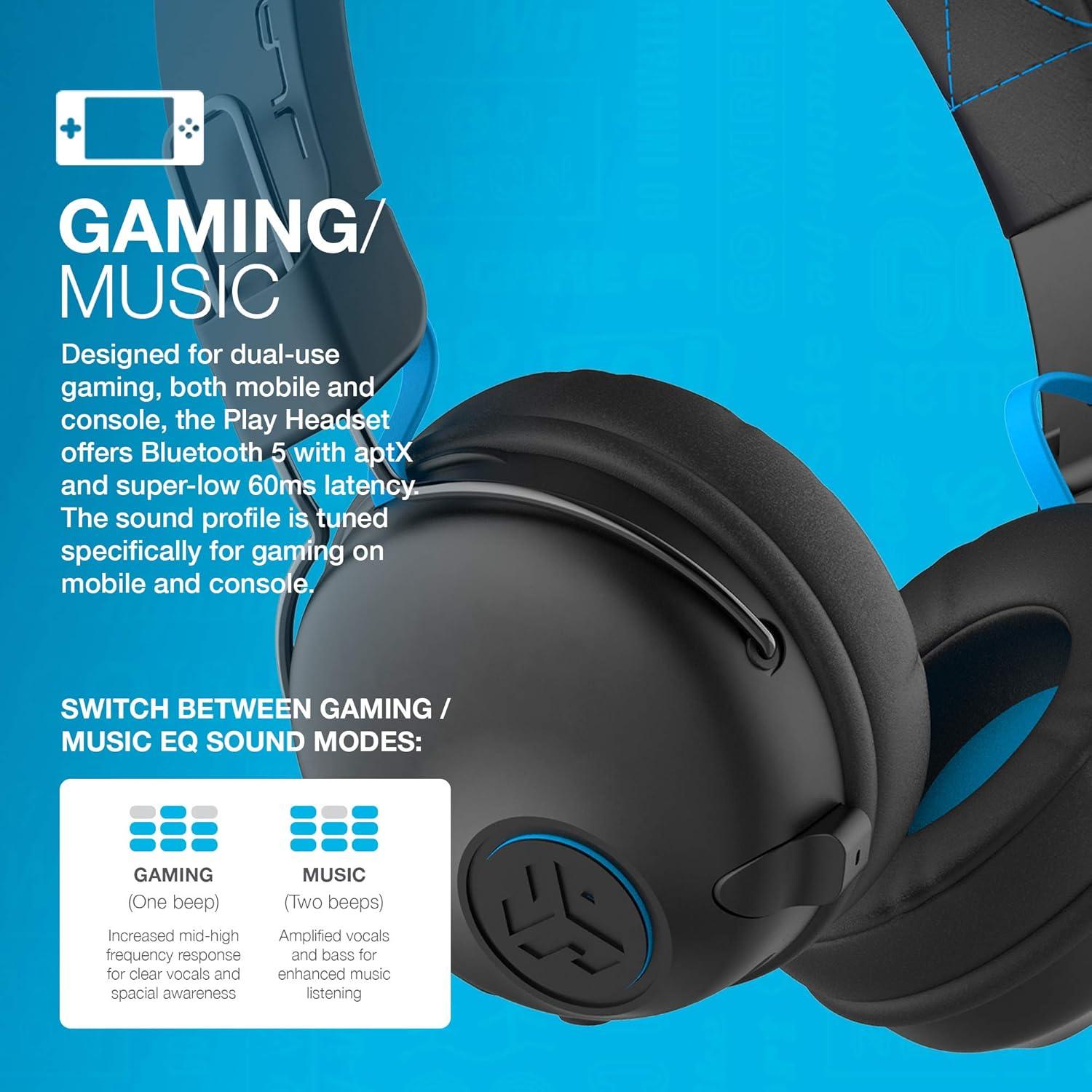 imageJLab Play Gaming Wireless Headset 22 Hour Bluetooth 5 Playtime 60ms SuperLow Latency for Mobile Gameplay Retractable Boom Mic AUX Gaming Cord Compatible with Gaming Consoles