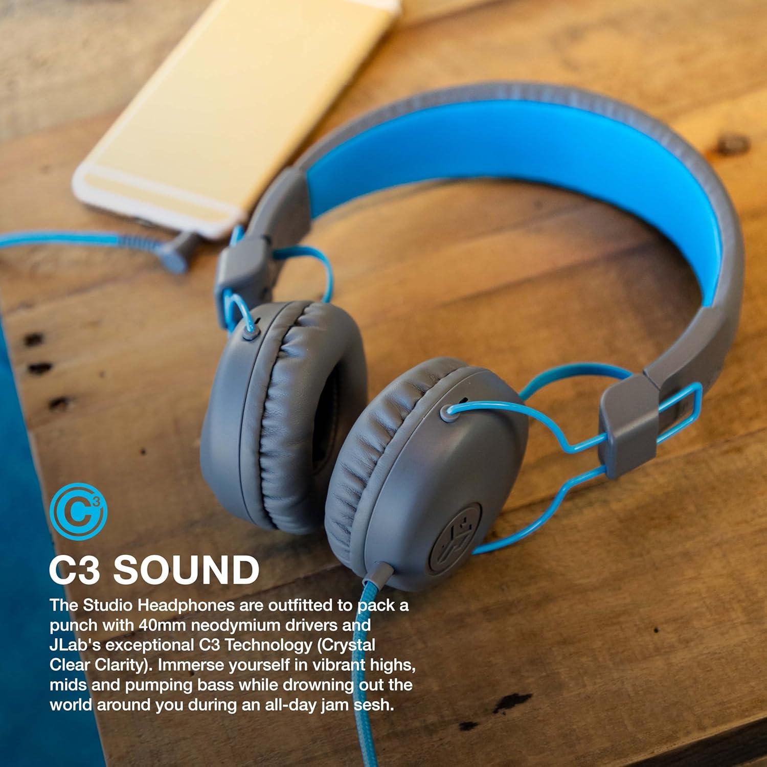 imageJLab Studio OnEar Headphones Wired Headphones GrayBlue Tangle Free Cord UltraPlush Faux Leather with Cloud Foam Cushions 40mm Neodymium Drivers with C3 Sound