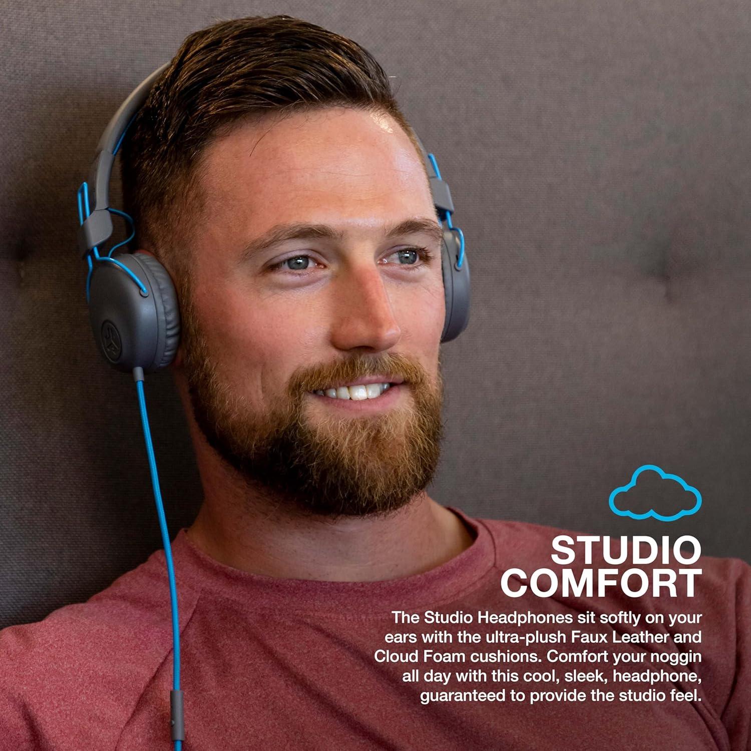 imageJLab Studio OnEar Headphones Wired Headphones GrayBlue Tangle Free Cord UltraPlush Faux Leather with Cloud Foam Cushions 40mm Neodymium Drivers with C3 Sound
