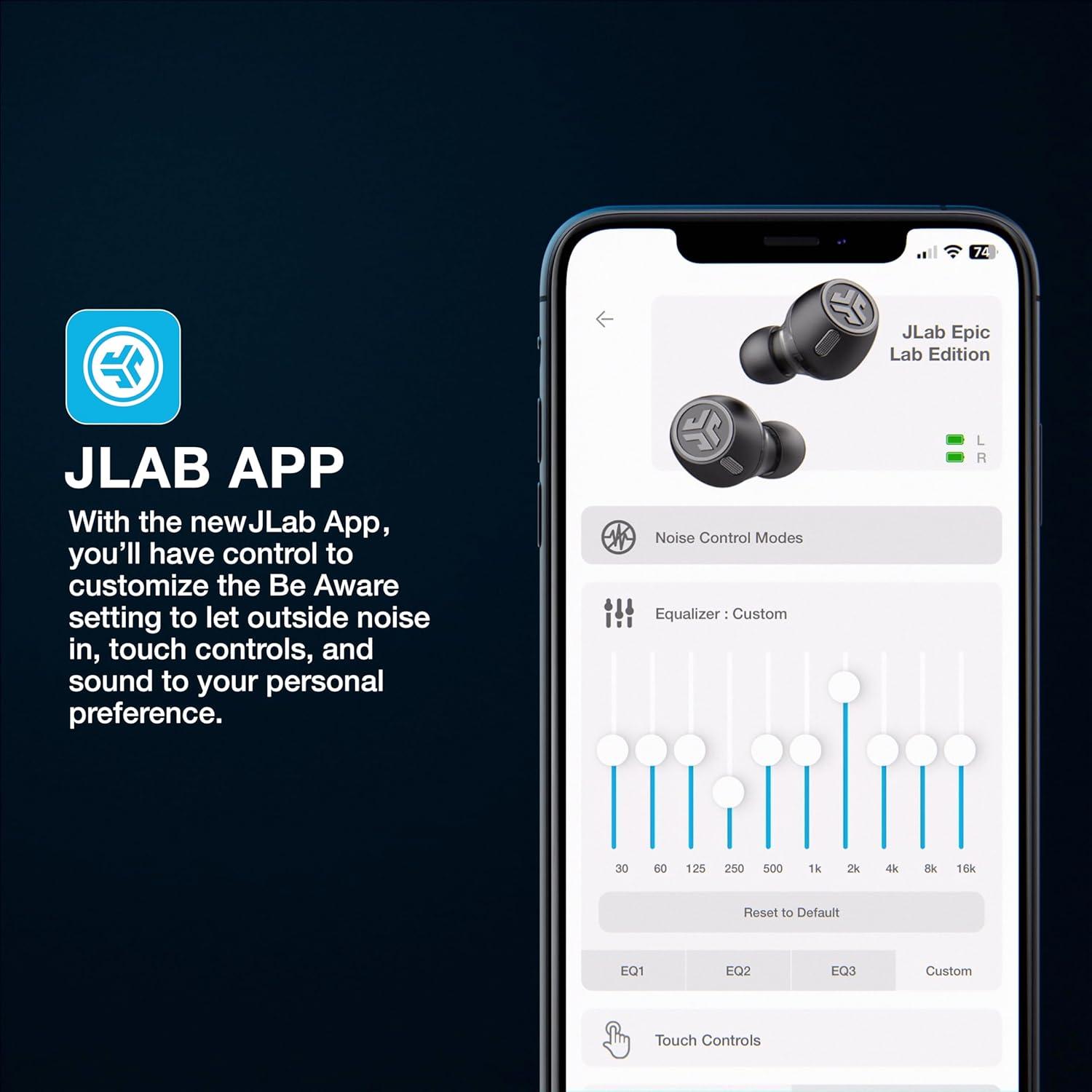 imageJLab Epic Lab Edition True Wireless Earbuds Hybrid Dual Drivers Spatial Audio Multipoint BT Wireless or USBC Charging Wear Detect Auto PlayPause Google Fast Pair