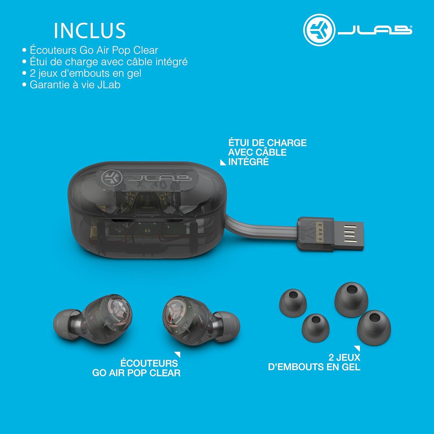 imageJLab Go Air Pop True Wireless Bluetooth Earbuds  Charging Case Black Dual Connect IPX4 Sweat Resistance Bluetooth 51 Connection 3 EQ Sound Settings Signature Balanced Bass BoostClear