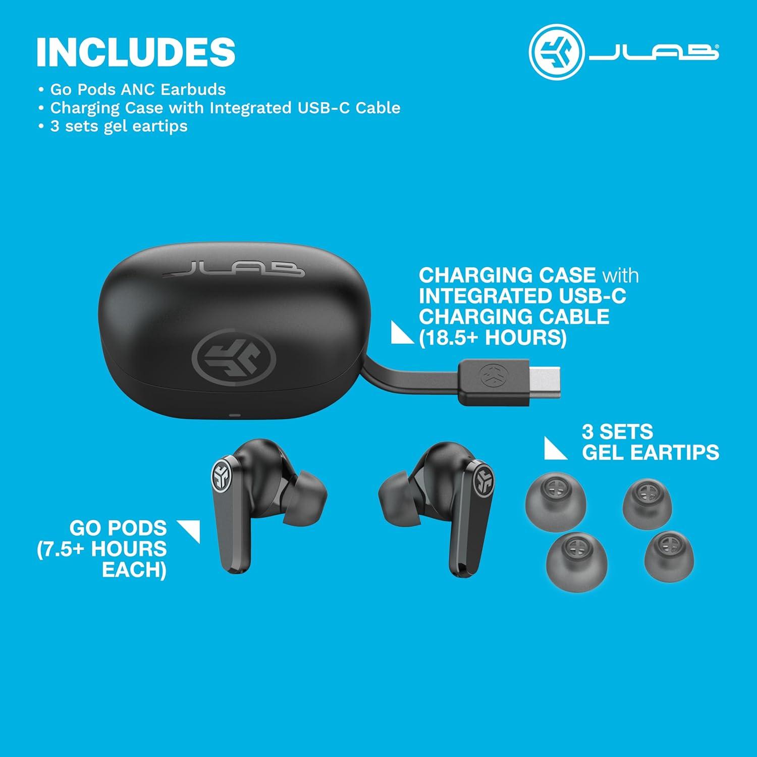 imageJLab Go Pods ANC True Wireless Bluetooth Earbuds ampamp Charging Case Hybrid Active Noise canceling  Be Aware for Safe Listening 26 Hours Total Playtime Clear Calls Custom Sound via App BlackBlack