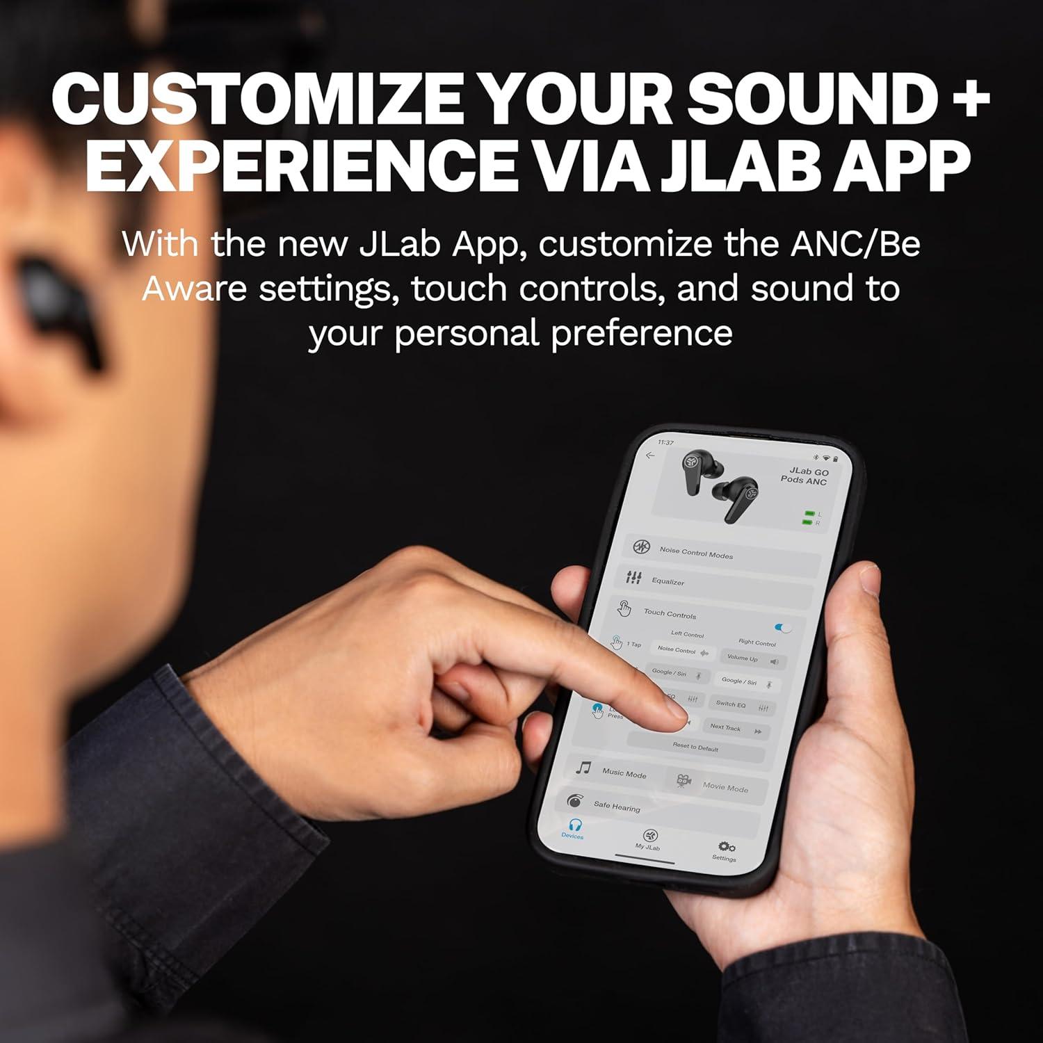 imageJLab Go Pods ANC True Wireless Bluetooth Earbuds ampamp Charging Case Hybrid Active Noise canceling  Be Aware for Safe Listening 26 Hours Total Playtime Clear Calls Custom Sound via App BlackBlack