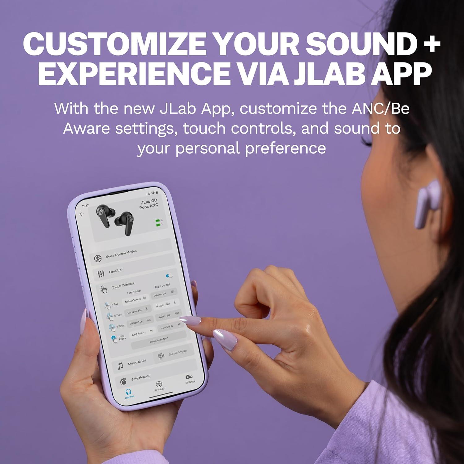 imageJLab Go Pods ANC True Wireless Bluetooth Earbuds ampamp Charging Case Hybrid Active Noise canceling  Be Aware for Safe Listening 26 Hours Total Playtime Clear Calls Custom Sound via App BlackLilac