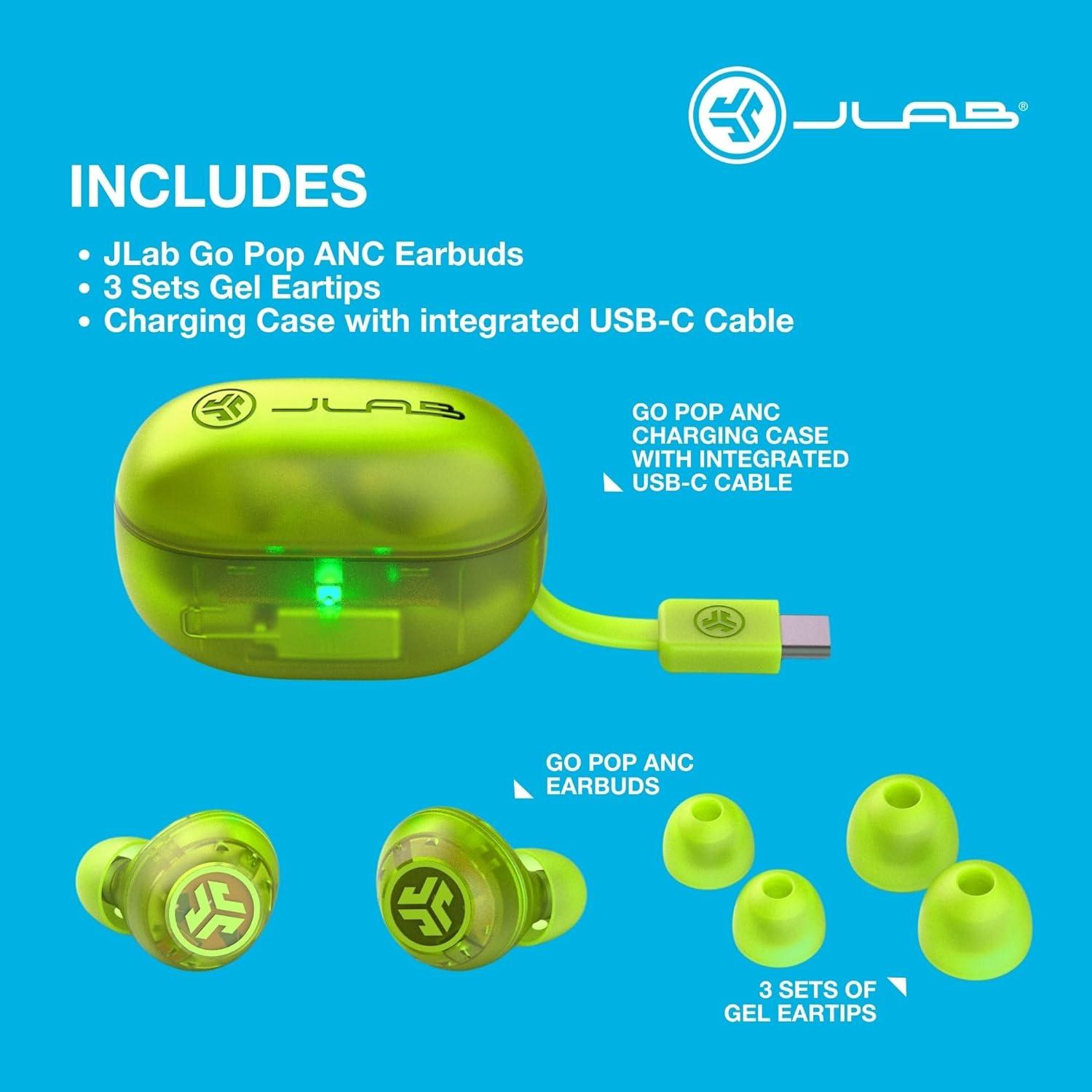 imageJLab Go Pop ANC True Wireless Earbuds ampamp Charging Case Black Active Noise Cancelling 10mm Drivers Dual Connect Customize Your Sound with App Be Aware Mode Compact Fit MEMS MicrophoneTransparent Neon Green