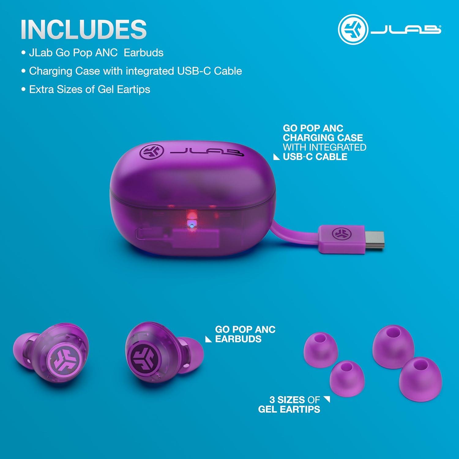 imageJLab Go Pop ANC True Wireless Earbuds ampamp Charging Case Black Active Noise Cancelling 10mm Drivers Dual Connect Customize Your Sound with App Be Aware Mode Compact Fit MEMS MicrophoneTransparent Purple