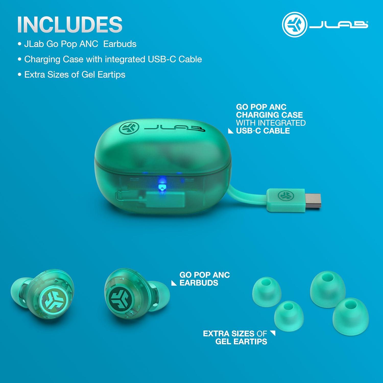 imageJLab Go Pop ANC True Wireless Earbuds ampamp Charging Case Black Active Noise Cancelling 10mm Drivers Dual Connect Customize Your Sound with App Be Aware Mode Compact Fit MEMS MicrophoneTransparent Teal