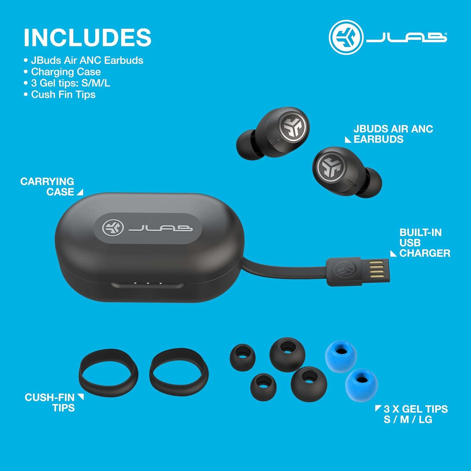 imageJLab JBuds Air ANC True Wireless Bluetooth Earbuds Black Active Noise Canceling Low Latency Movie Mode Dual Connect IP55 Sweat Resistance Custom 3 EQ Sound Settings