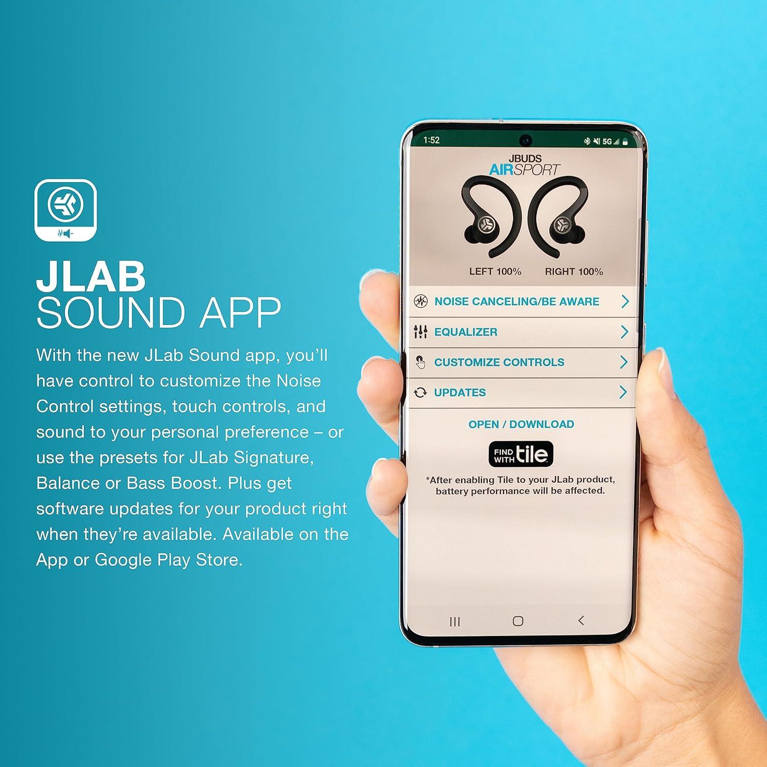 imageJLab JBuds Air Sport True Wireless Bluetooth Earbuds  Charging Case Black IP66 Sweat Resistance Class 1 Bluetooth 50 Connection 3 EQ Sound Settings JLab Signature Balanced Bass BoostBlack