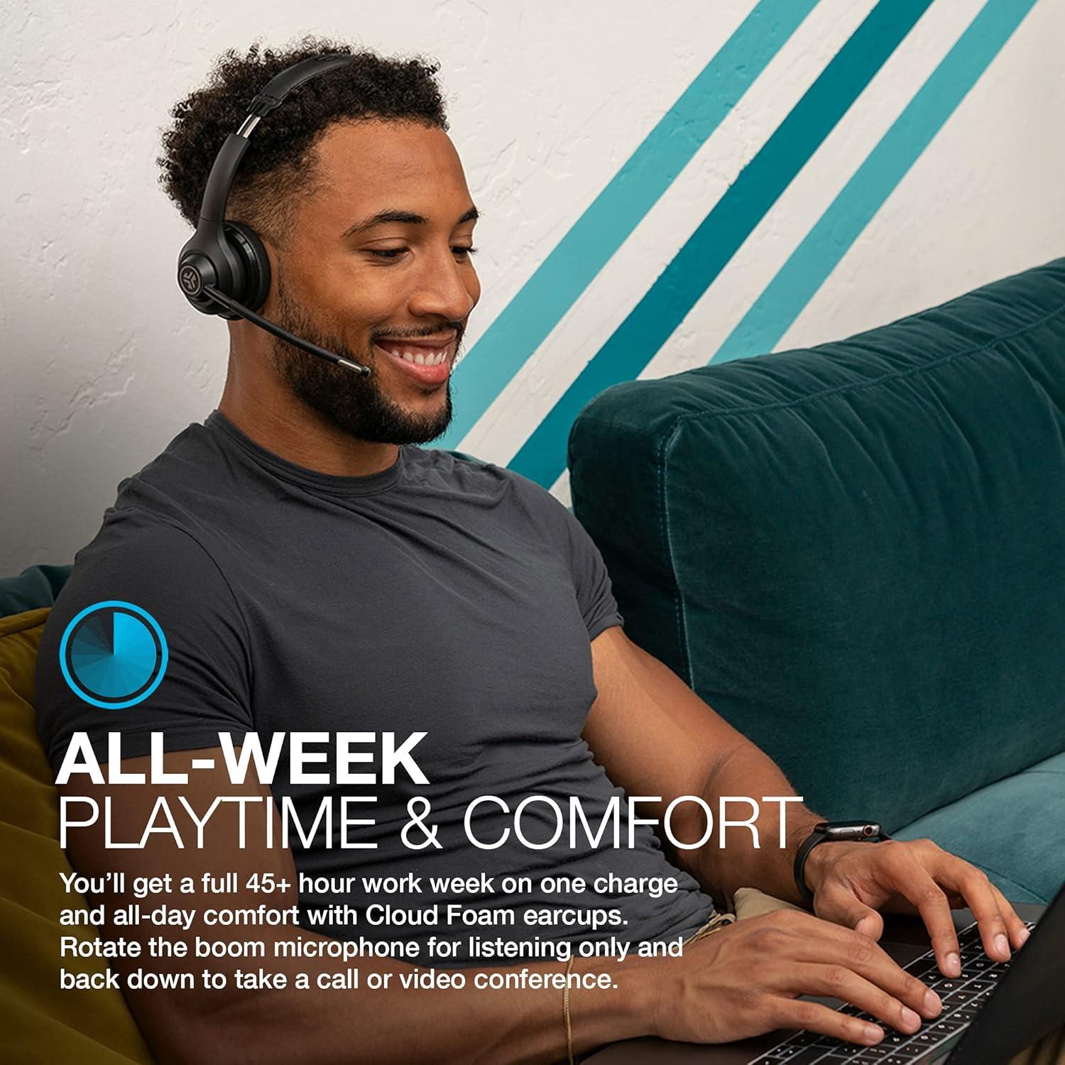 imageJLab Go Work Wireless Bluetooth or Wired Office Headphones with Boom Mic Headset RenewedOnEar